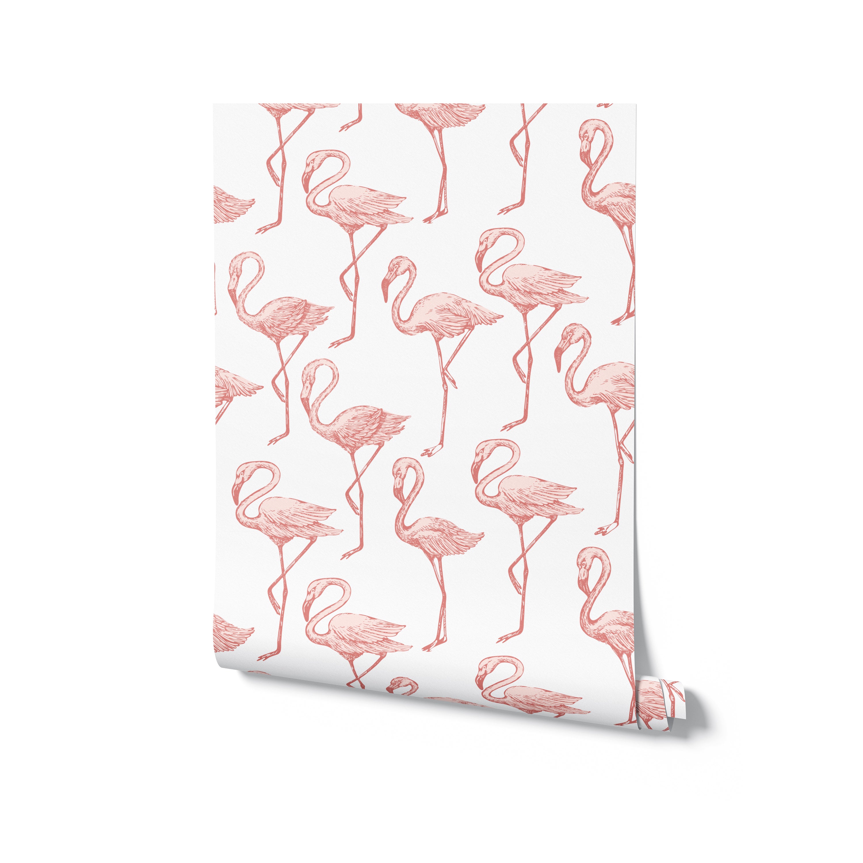 An image of a roll of the Flamingo Party Wallpaper, showing the unique and cheerful pattern of pink flamingos on a white background, perfect for adding a lively and tropical touch to any room’s decor.