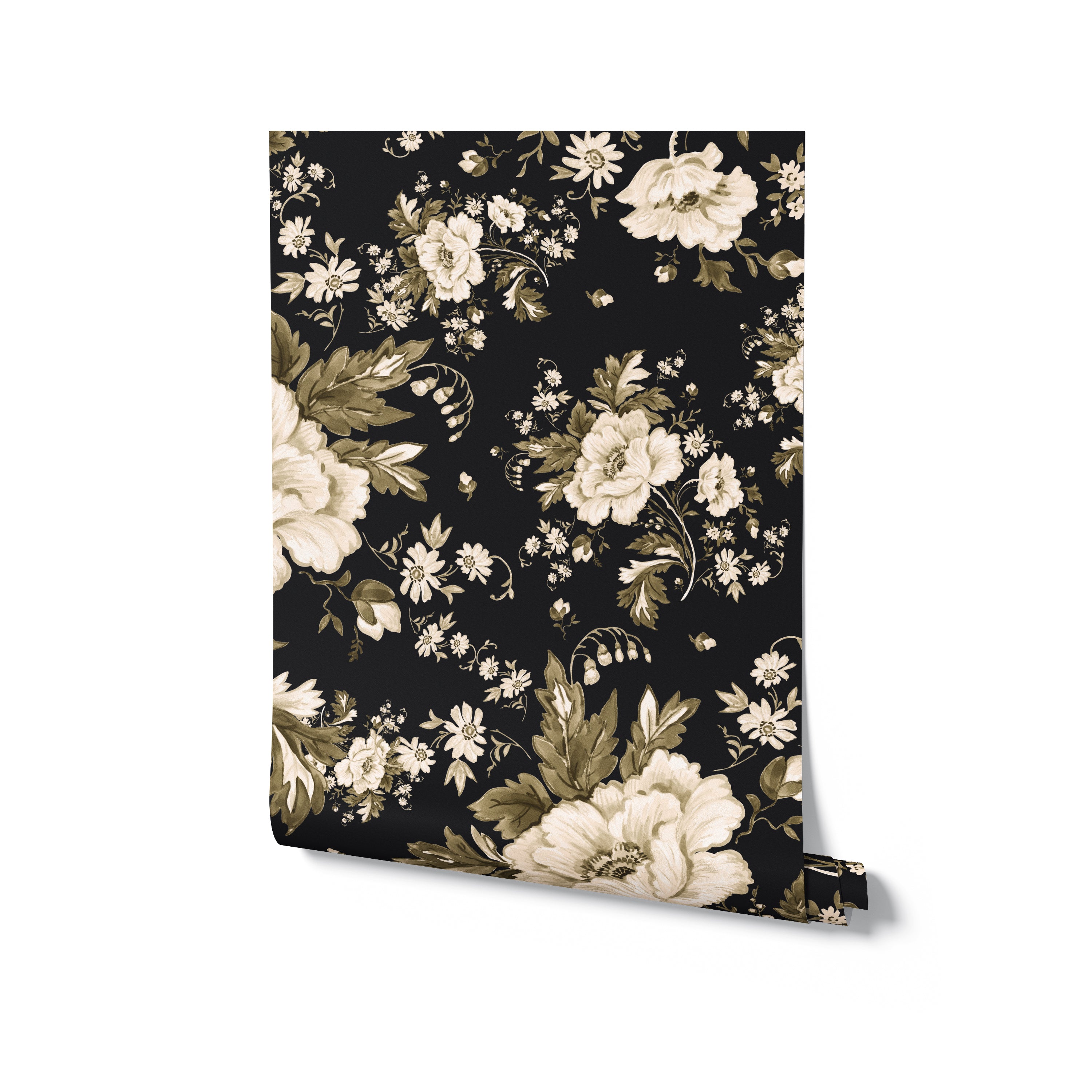 An image of a roll of Midnight Garden Wallpaper, emphasizing the lush floral print on a black background. This wallpaper roll is ideal for transforming any room into a statement space with its bold pattern and dark tones.