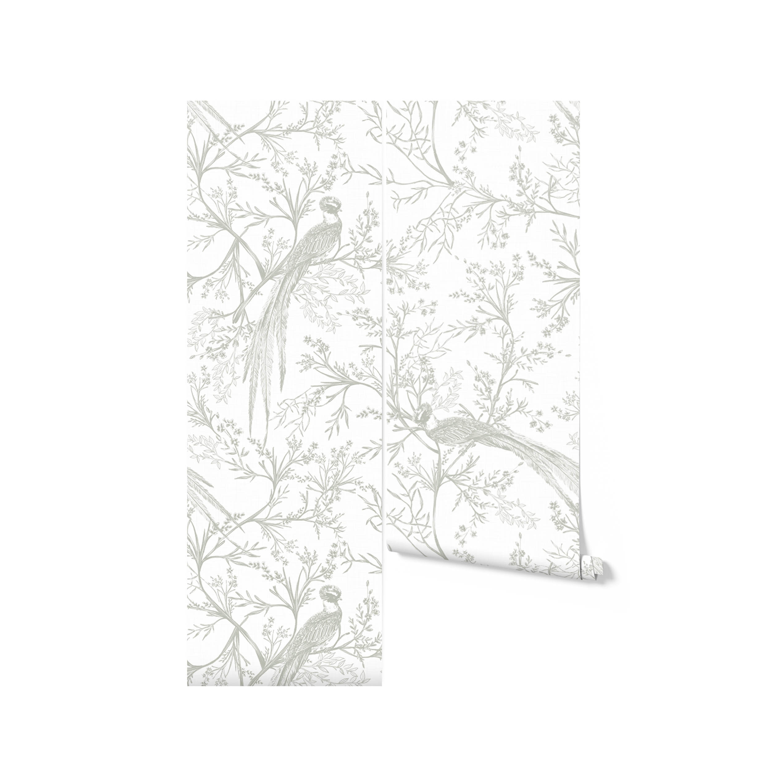 An image of a roll of Oriental Garden Wallpaper, displaying the elegant gray and white botanical pattern with birds. This design is perfect for creating a serene and inviting environment in any room, blending classic elegance with natural motifs.