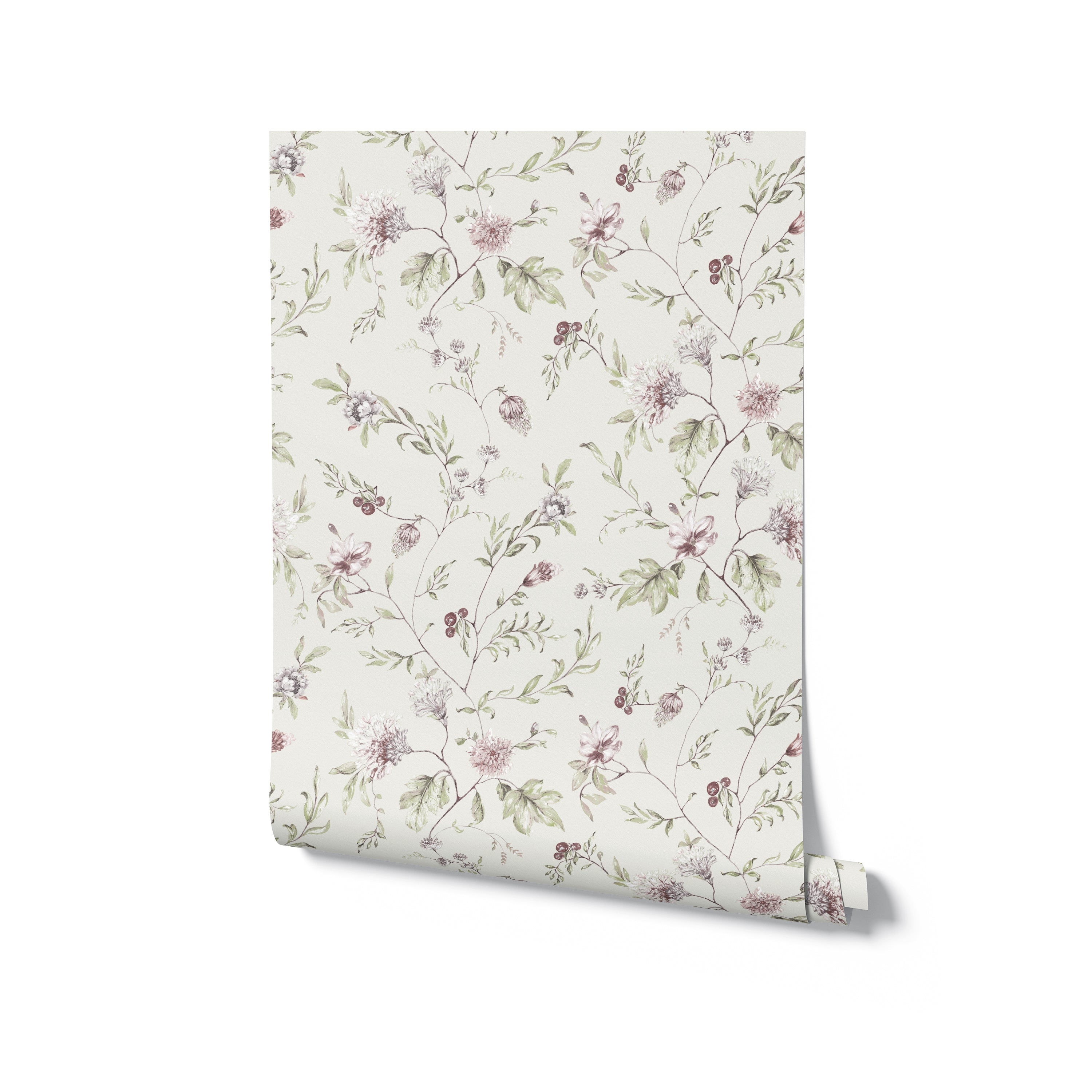 Rolled Irene Floral Wallpaper, illustrating the elegant floral design with detailed green leaves and soft pink flowers, perfect for adding a touch of nature-inspired beauty to any room.