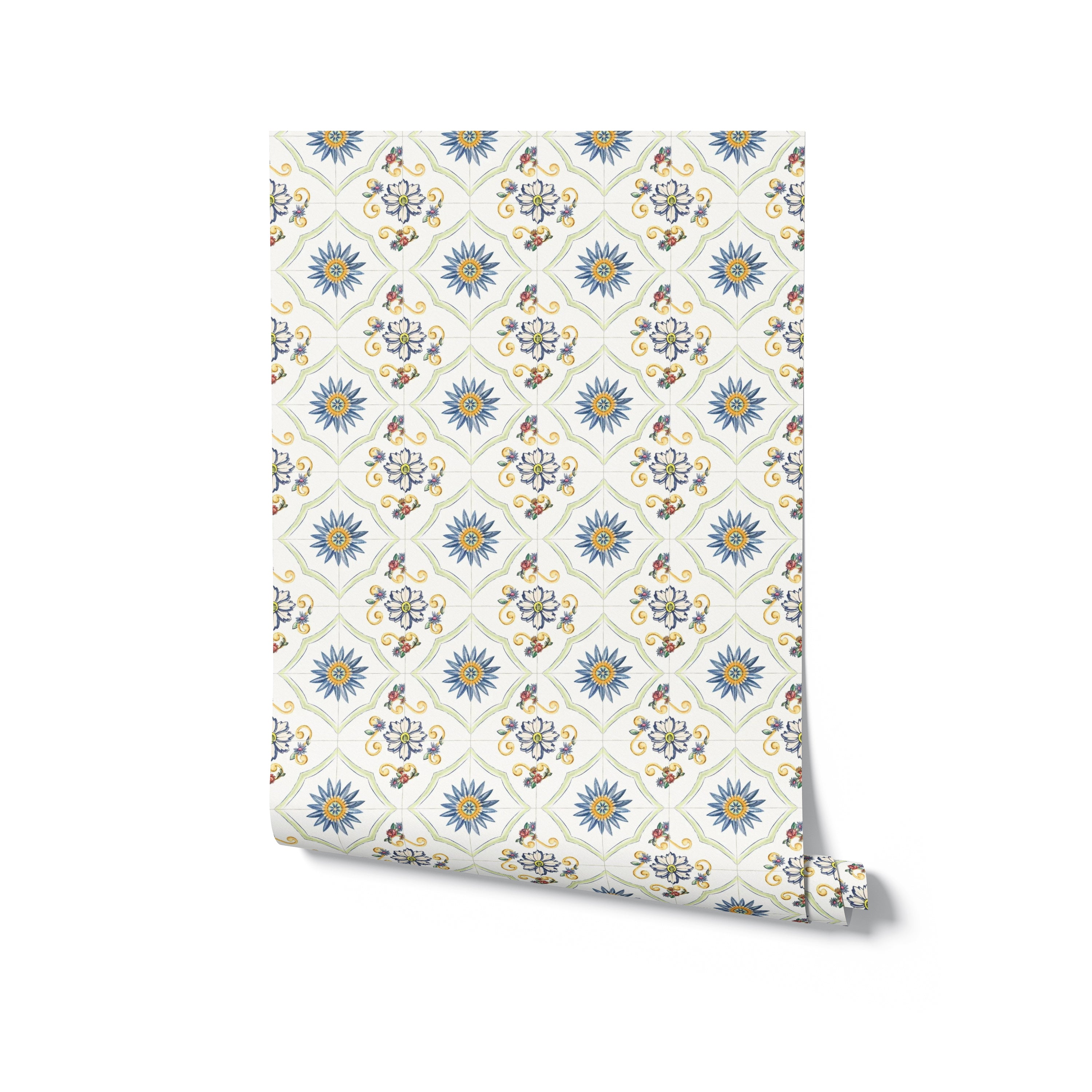 A realistic digital representation of a roll of Spanish Tile Wallpaper leaning against a plain background. The wallpaper features a geometric and floral pattern with blue, yellow, and green motifs on a light cream base, conveying a Mediterranean aesthetic.