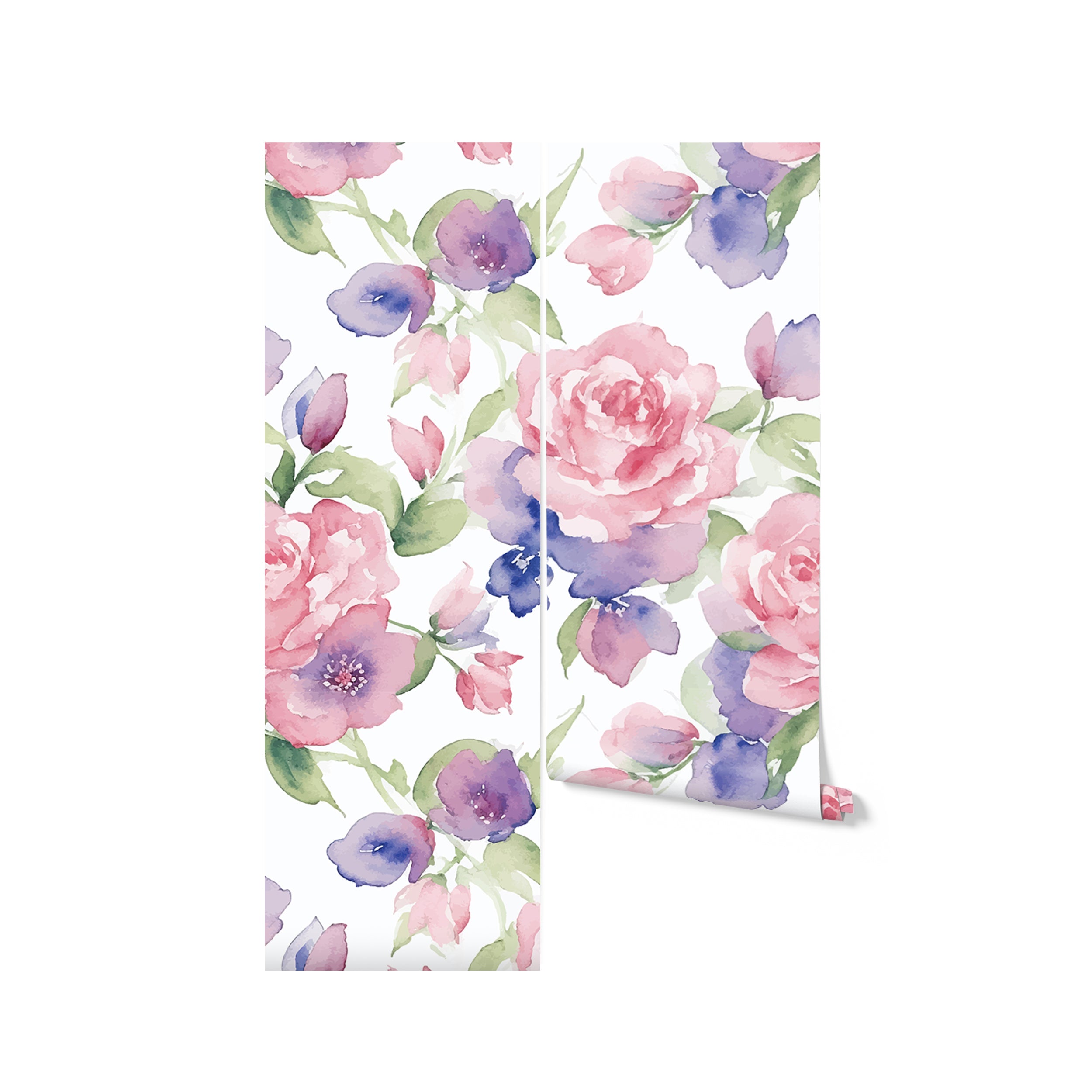 A digital image of a roll of Mystic Garden Wallpaper, illustrating the seamless flow of its floral design with pink roses and blue blossoms, perfect for adding a touch of nature's beauty and tranquility to any interior setting