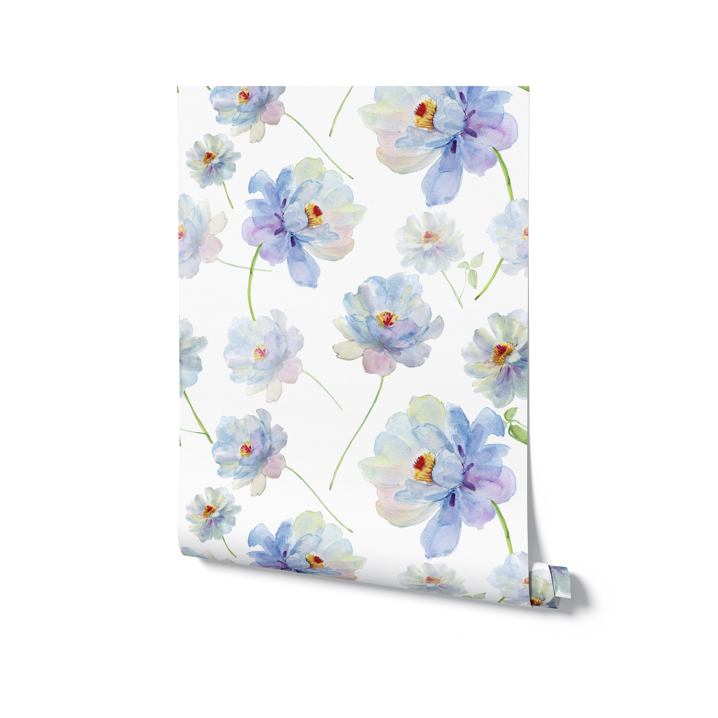 Rolled-up view of Watercolour Bliss Wallpaper showing a detailed and colorful pattern of blue and pink watercolor flowers with green stems on a crisp white background, ideal for creative home decor projects.