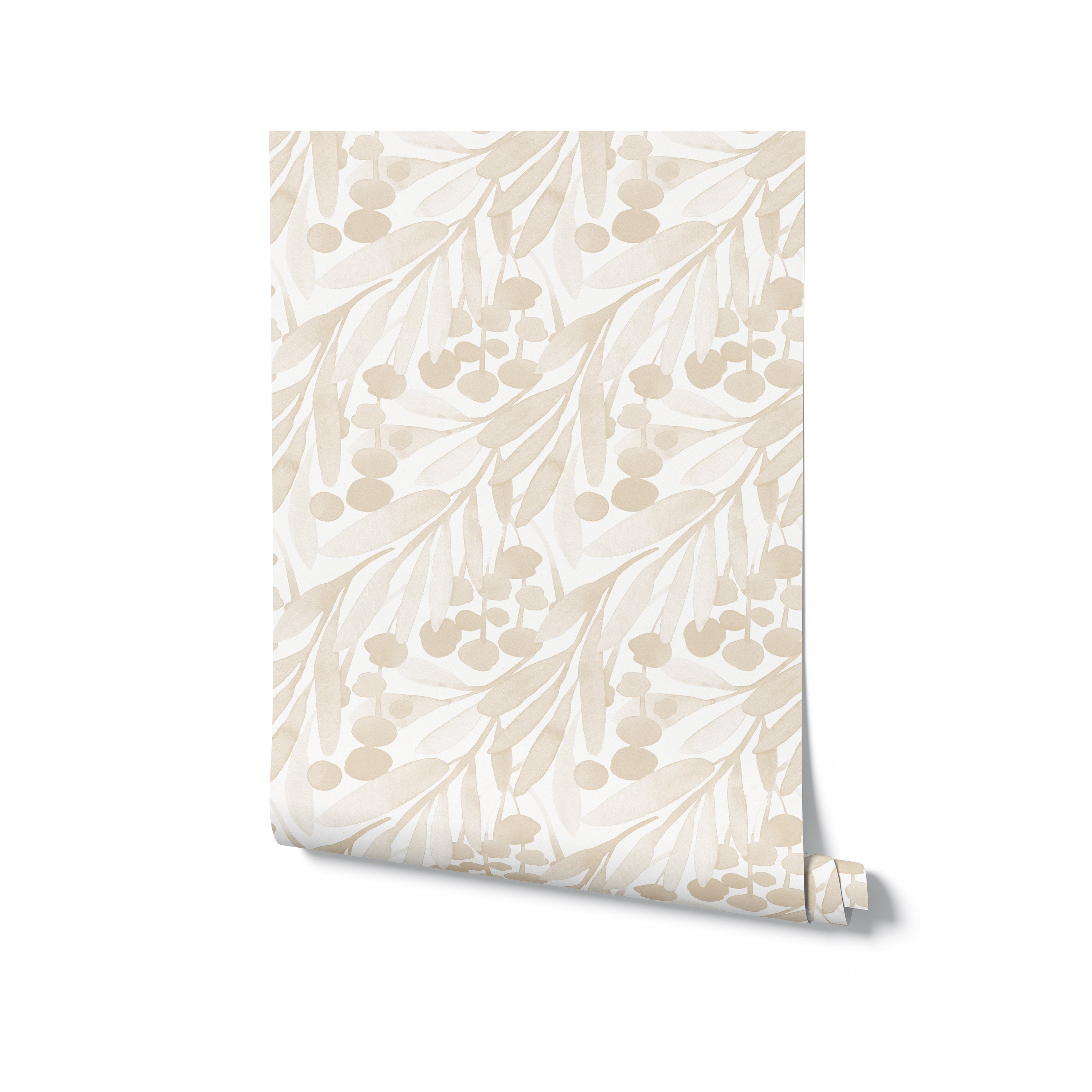 A roll of Watercolour Botanical Wallpaper, featuring an elegant pattern of soft beige leaves and round berries, beautifully rendered in watercolour. This wallpaper adds a touch of understated elegance to walls, perfect for sophisticated interior designs