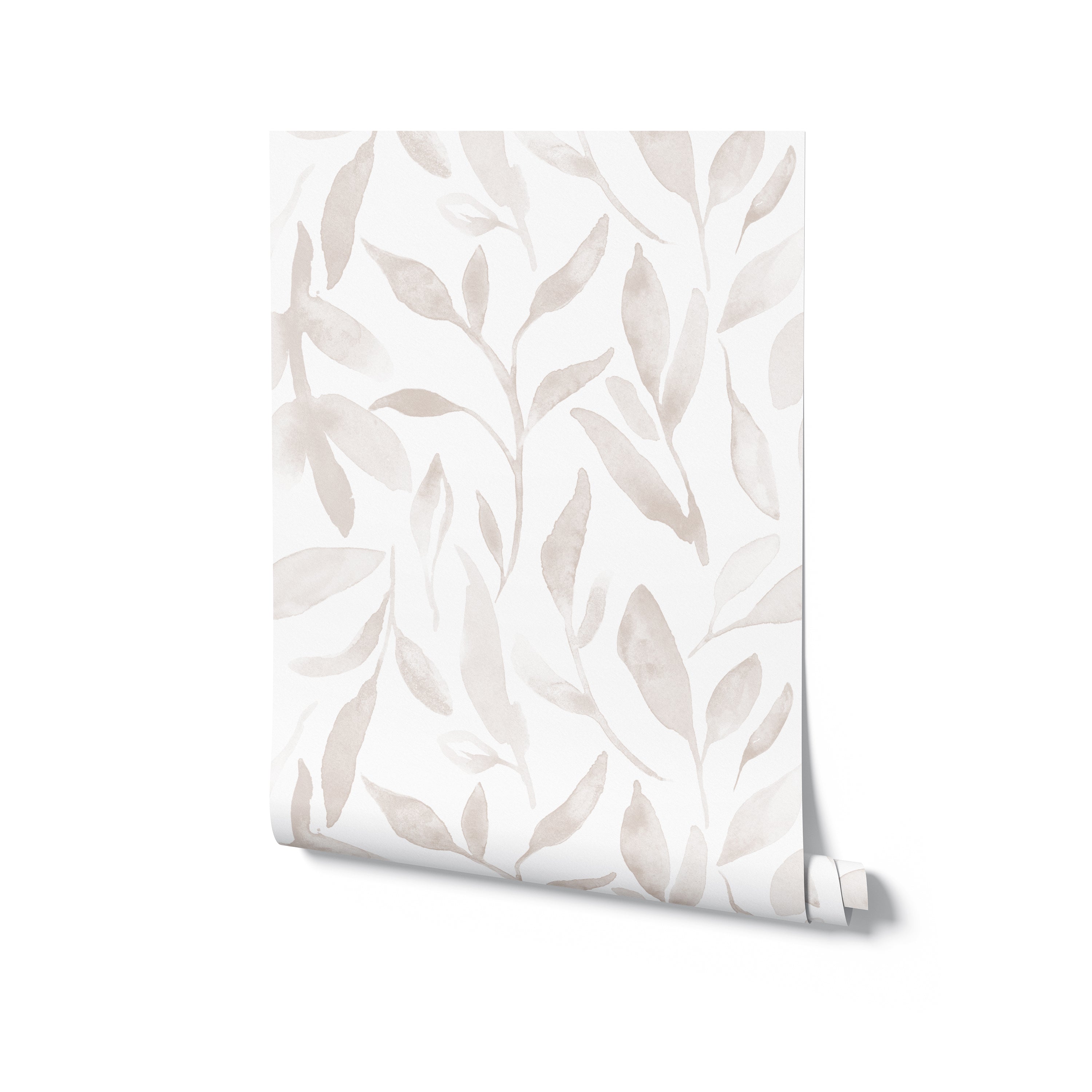 Roll of Delicate Watercolour Leaves Wallpaper, partially unrolled to reveal the hand-painted style beige leaf patterns on a white background. This wallpaper offers a soft, artistic appeal, perfect for creating a calming and elegant atmosphere in any room