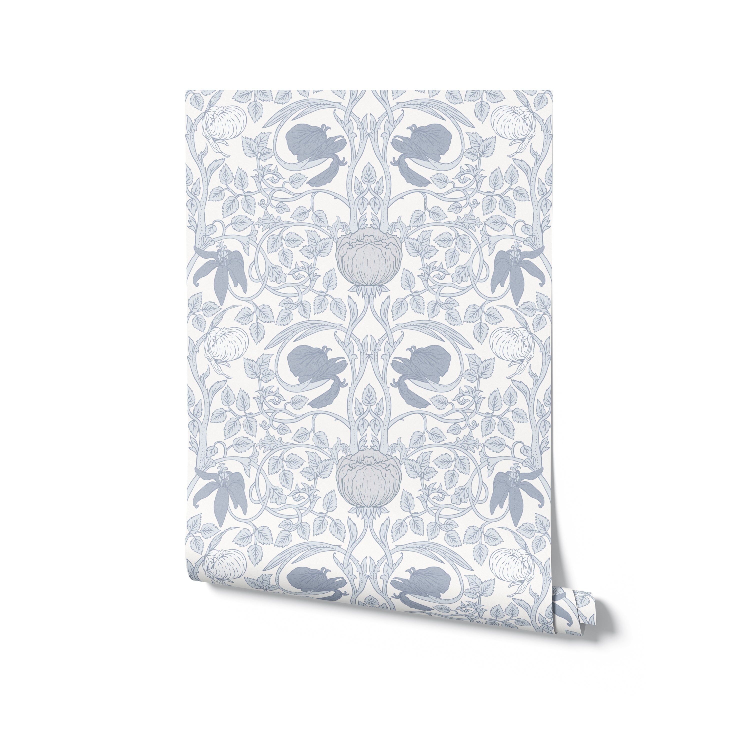 Rolled view of the Vintage Floral Damask Wallpaper displaying the classic blue floral pattern on a white background, ready for application.