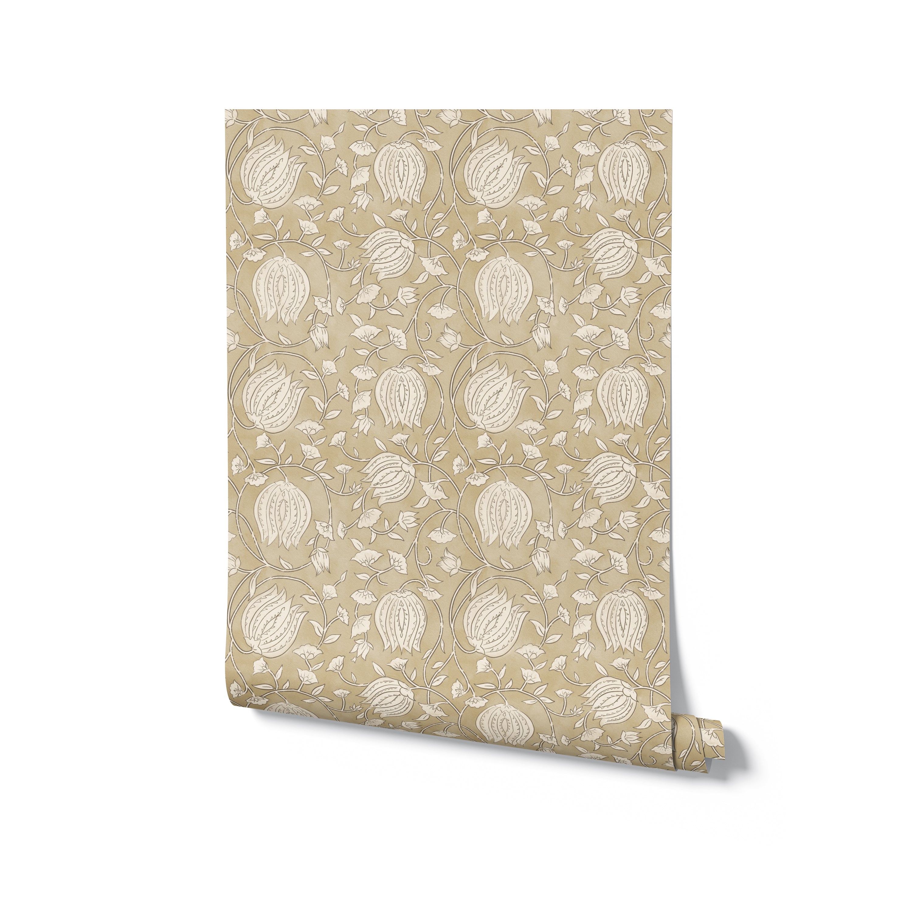 A roll of mustard-colored Cornflower Wallpaper, unfurled to reveal a detailed pattern of beige and off-white botanicals intertwined in a classic design. This wallpaper exudes an elegant and timeless appeal, suitable for diverse interior styles.