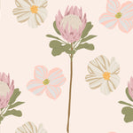 Close-up of the 'Retro Pastel Flower Wallpaper' displaying an elegant floral pattern with pink clover and daisy-like pastel flowers on long stems, set against a soft neutral background, perfect for adding a vintage touch to any room.Close-up of the 'Retro Pastel Flower Wallpaper' displaying an elegant floral pattern with pink clover and daisy-like pastel flowers on long stems, set against a soft neutral background, perfect for adding a vintage touch to any room.