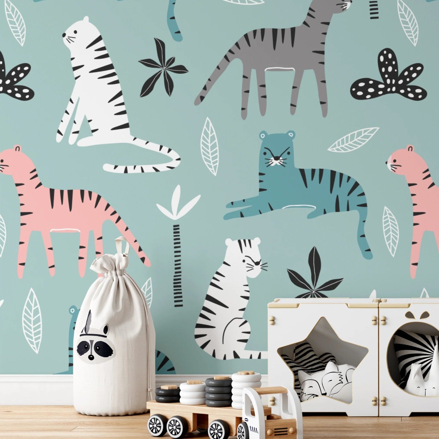 Full room view of Kids Wallpaper - Tigers in a nursery with toys and furniture complementing the colorful tiger theme