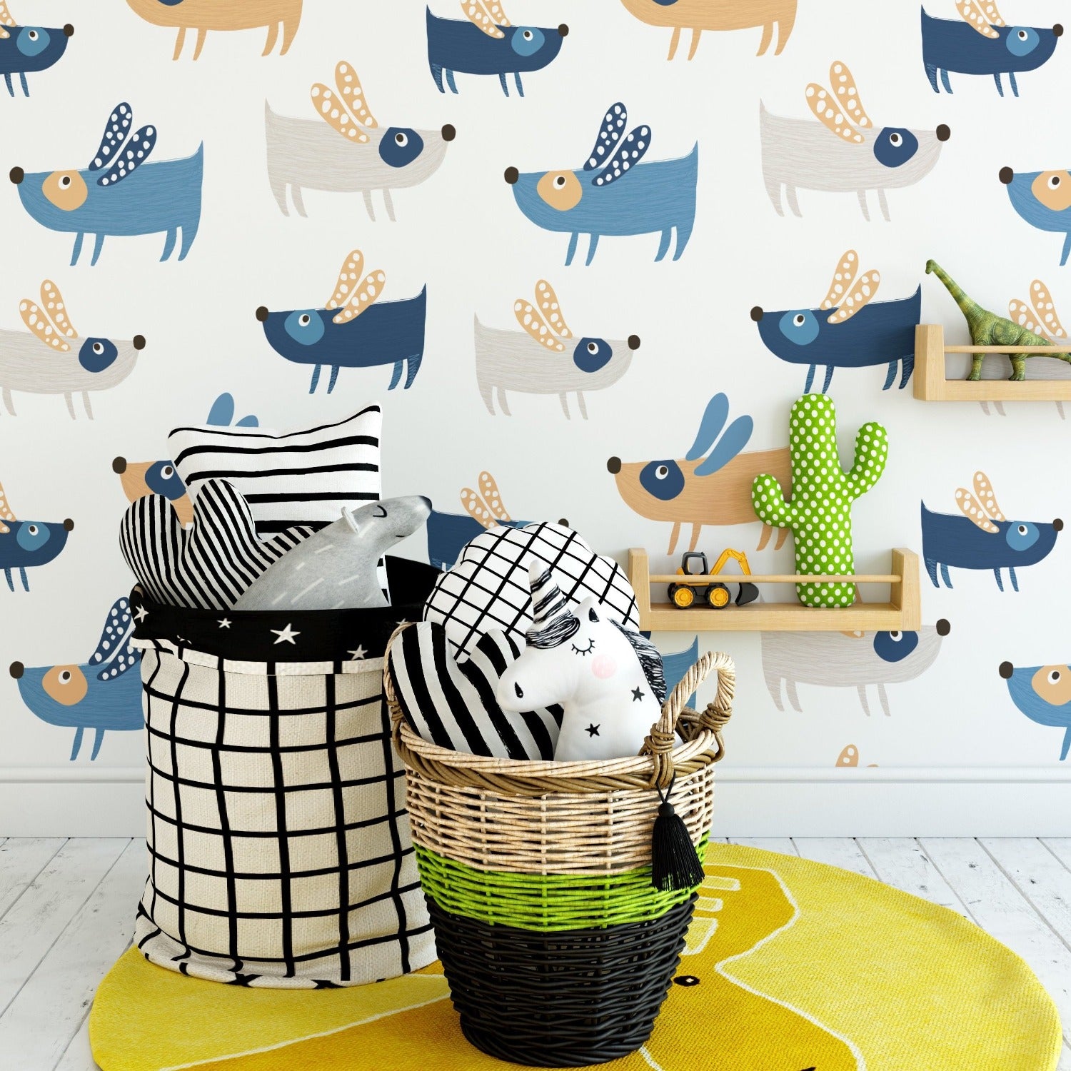 Children's room decor with flying dogs wallpaper featuring playful dog illustrations on a white background