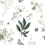 A serene pattern of "Aerie Floral IV" wallpaper depicting an array of wildflowers and leaves in muted green, beige, and taupe tones. The botanical elements are delicately illustrated with fine details against a soft white background, evoking a tranquil, natural ambiance.