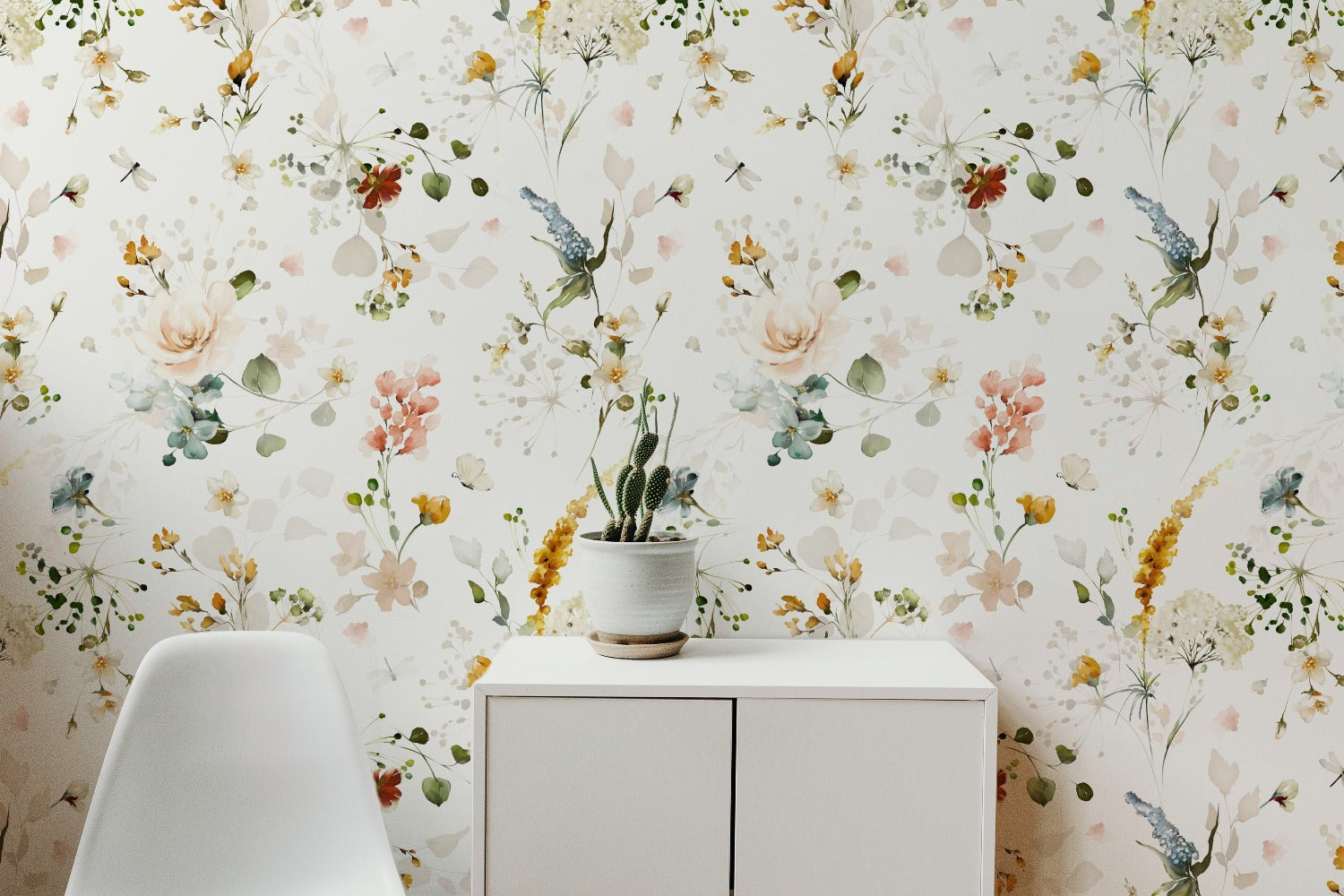 A cozy and modern corner with the Fiori Wallpaper serving as a backdrop for a minimalist workspace, where the pastel floral print complements a sleek white desk and a modern chair, enhancing the room's charm and warmth