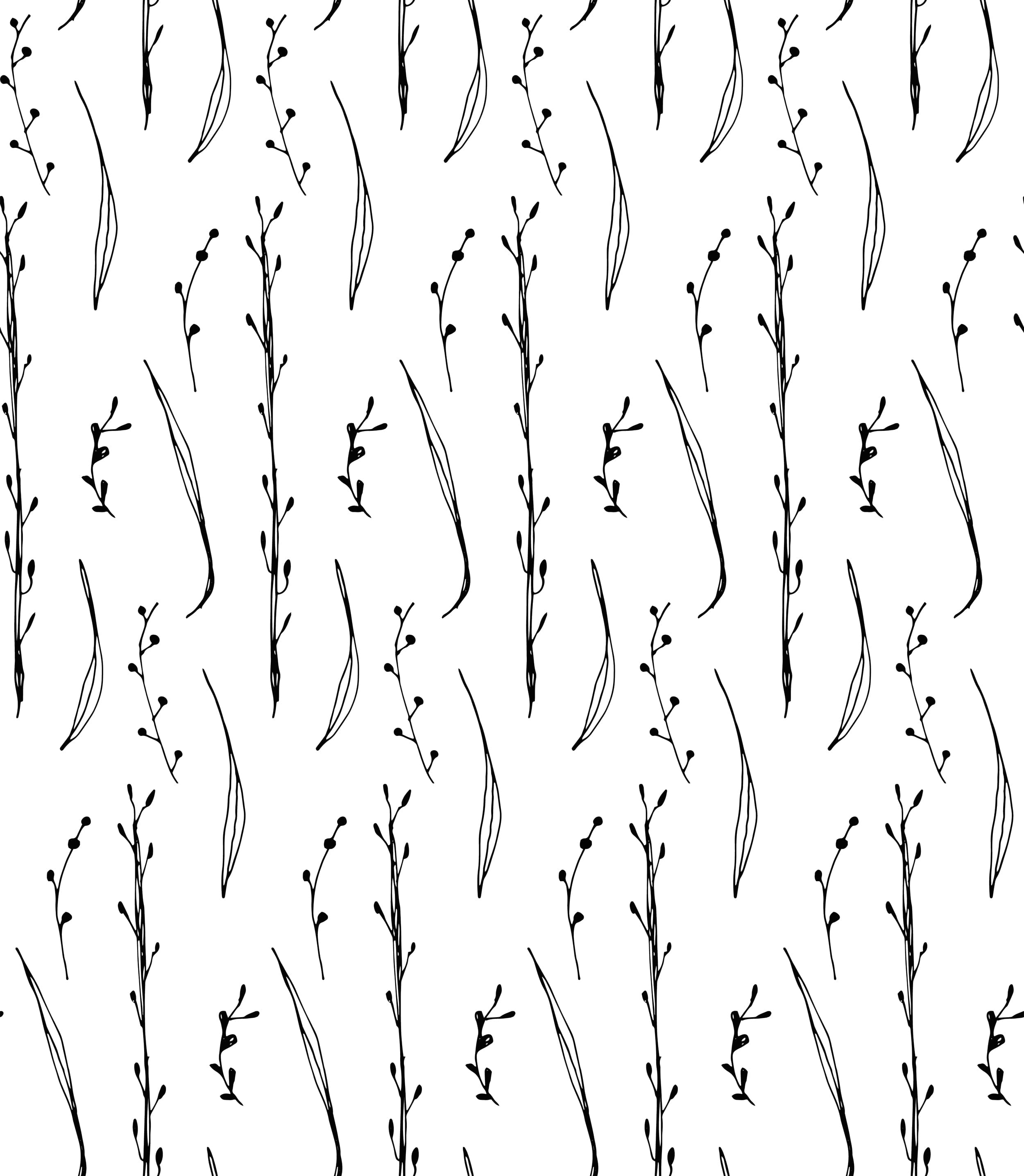 A seamless pattern of Twig & Leaf Wallpaper showcasing a black and white design of twigs and leaves, creating a simple yet elegant look.