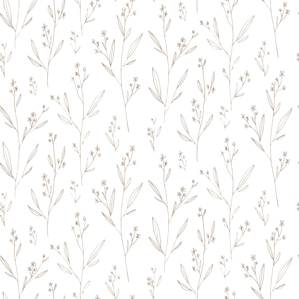 Roll of Dainty Minimal Floral Beige Wallpaper displaying a repeating pattern of delicate linear flowers and leaves, exemplifying a simple yet sophisticated design ideal for modern and minimalist decor styles