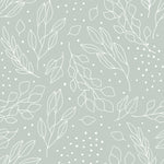 Detailed view of the Ferns and Leaves Wallpaper with a delicate and minimalist leaf design in light sage green. The pattern is interspersed with tiny white dots, adding a touch of whimsy to the serene backdrop.