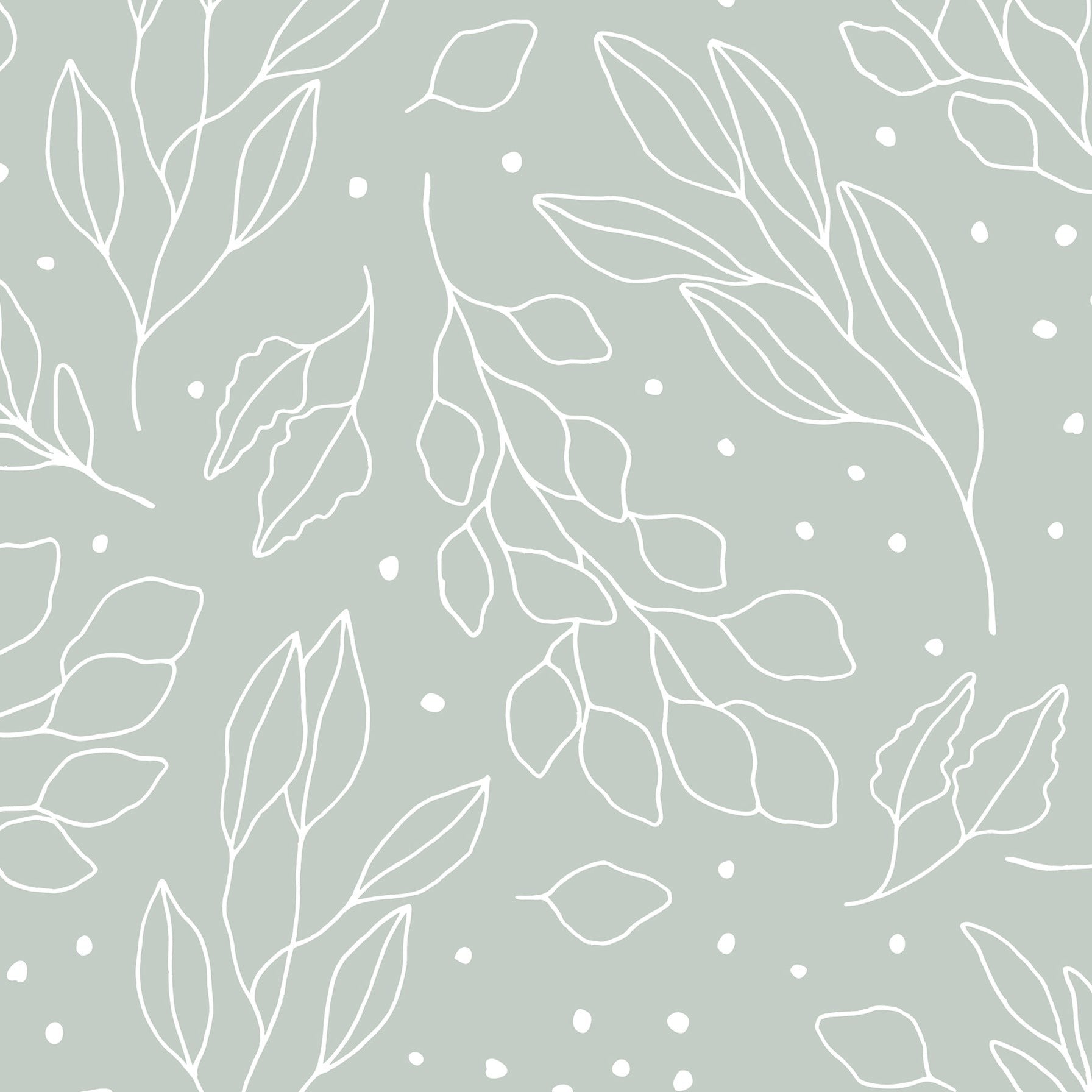 Detailed view of the Ferns and Leaves Wallpaper with a delicate and minimalist leaf design in light sage green. The pattern is interspersed with tiny white dots, adding a touch of whimsy to the serene backdrop.