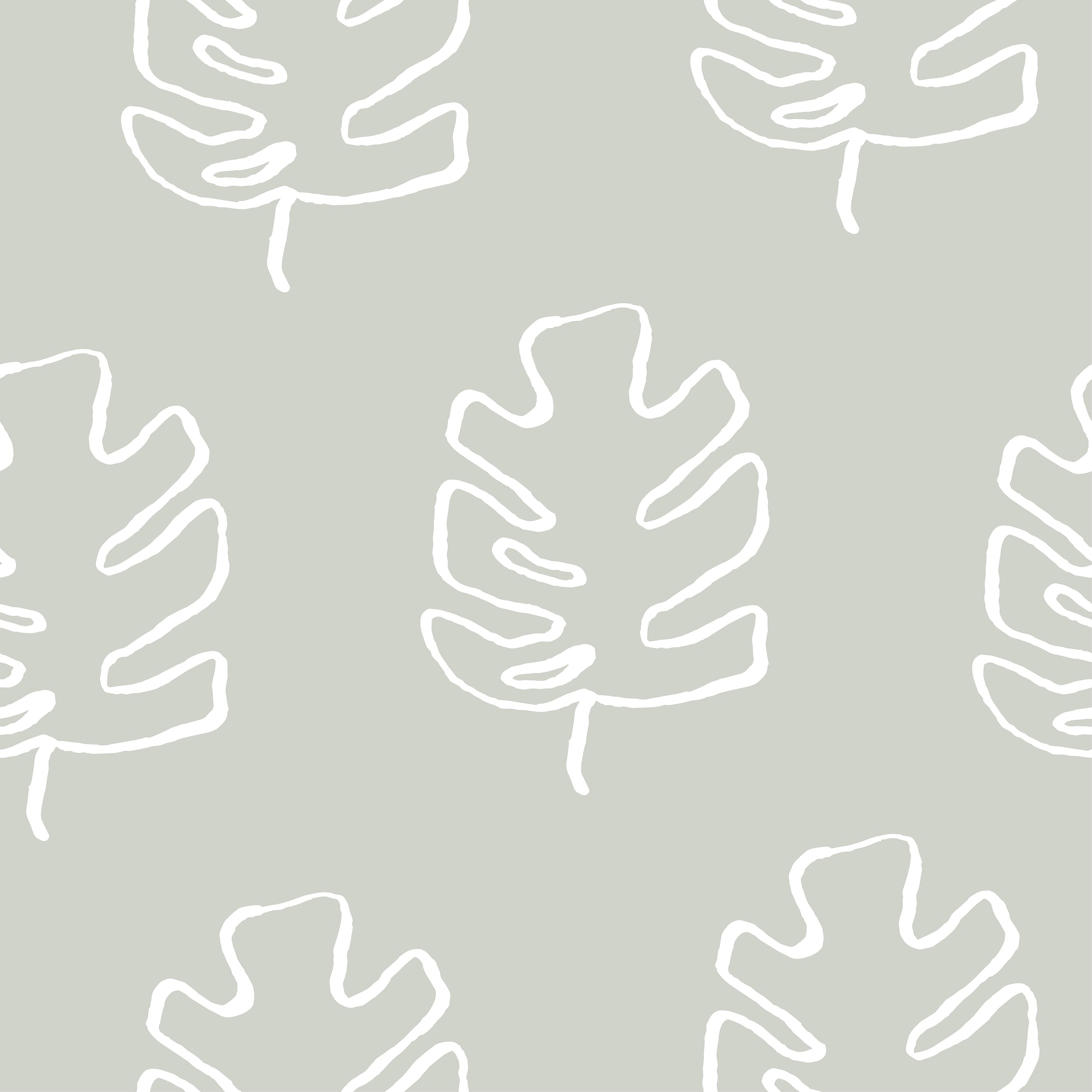 The Palm Leaves Wallpaper showcases a minimalistic design of outlined palm leaf sketches in white on a soft grey background, offering a contemporary and calm aesthetic suitable for modern decor styles.