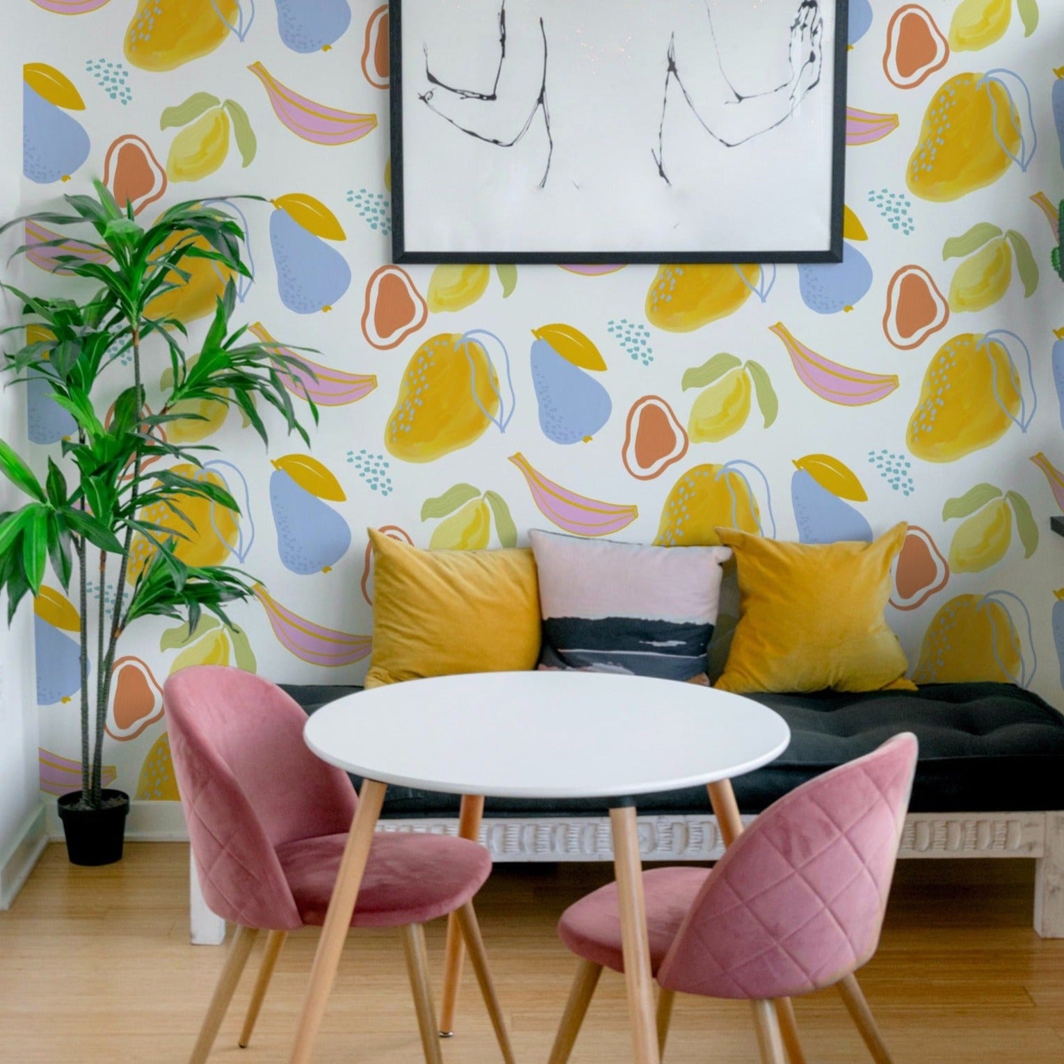Room decorated with Colourful Abstract Oil Fruit Wallpaper, showcasing a lively fruit pattern in a stylish living space.