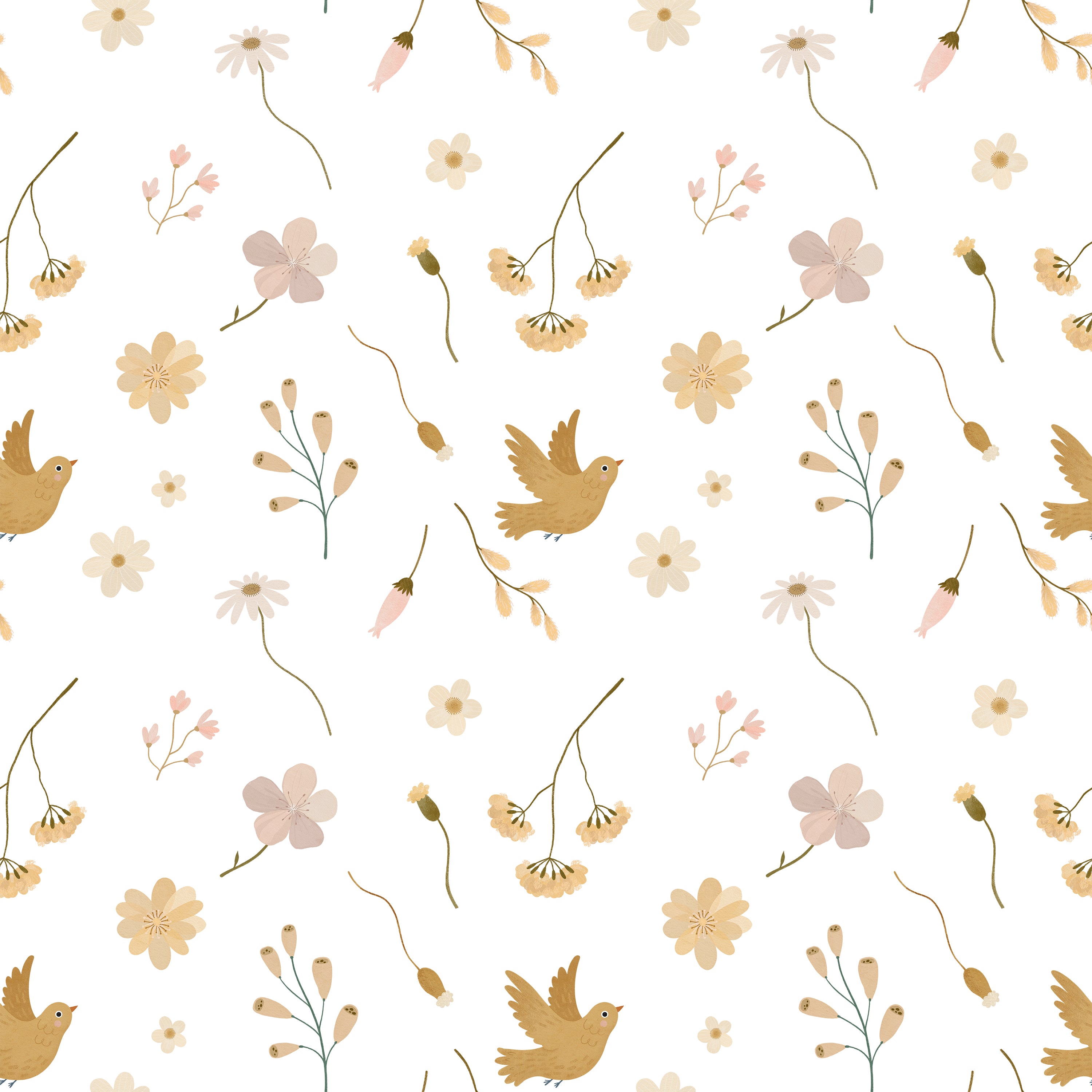 A close-up view of the Pastel and Paradise Wallpaper, showcasing a delicate design of golden birds and pale flowers scattered across a white background, creating a serene and inviting pattern.