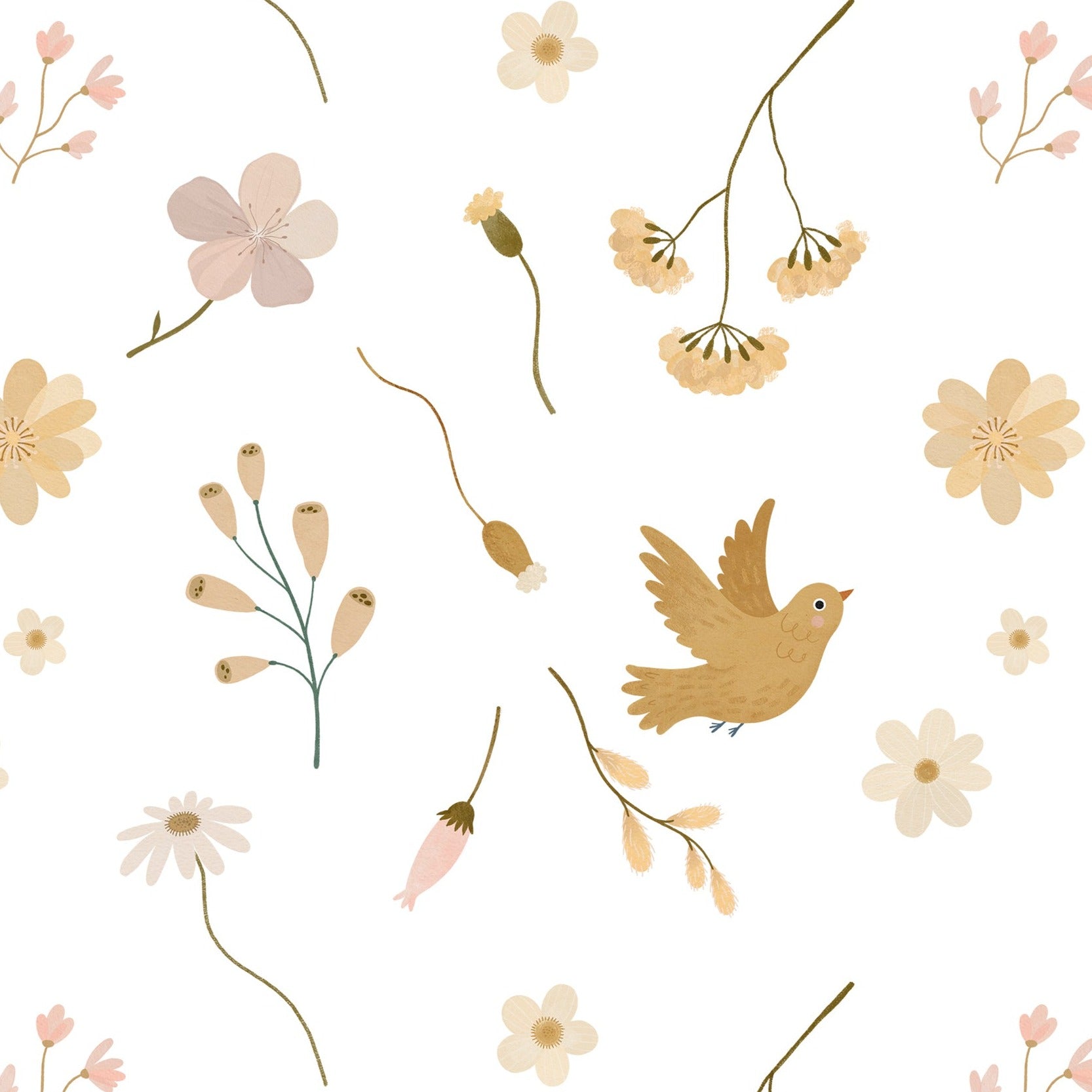 A close-up view of the Pastel and Paradise Wallpaper, showcasing a delicate design of golden birds and pale flowers scattered across a white background, creating a serene and inviting pattern.