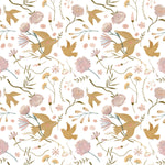 Detailed view of the Pastel Garden Wallpaper, showcasing a pattern of pink and beige flowers, green leaves, and playful birds. This design infuses spaces with a gentle, nature-inspired aesthetic