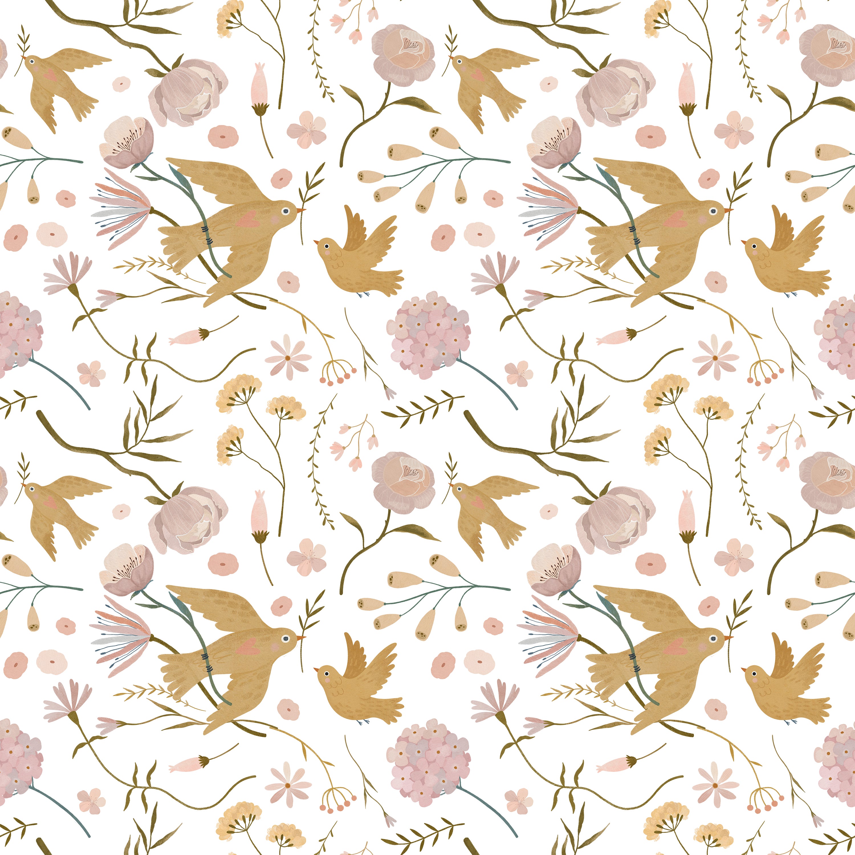 Detailed view of the Pastel Garden Wallpaper, showcasing a pattern of pink and beige flowers, green leaves, and playful birds. This design infuses spaces with a gentle, nature-inspired aesthetic