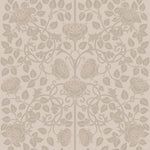 A detailed view of the Linen Color Burn Wallpaper featuring an elegant floral pattern with intertwining roses and leaves in subtle shades of beige, offering a serene and sophisticated aesthetic.