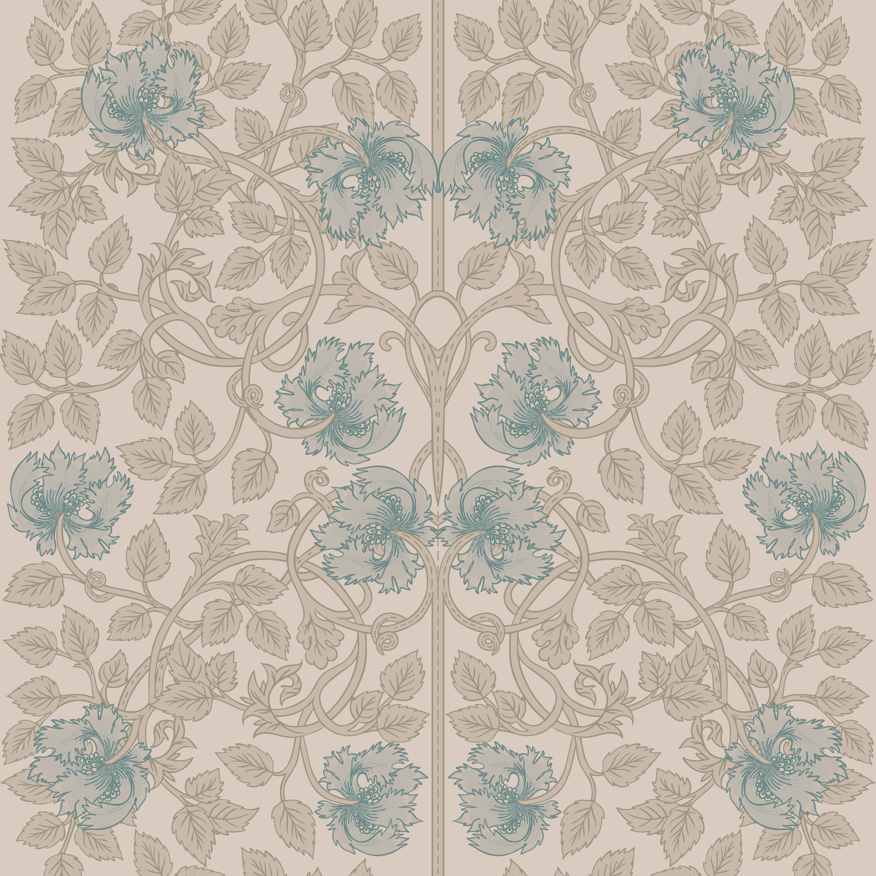 Detailed close-up of Color Burn Damask Wallpaper, showcasing intricate floral patterns in teal and beige hues, with a classic damask design that blends ornate leaves and florals.