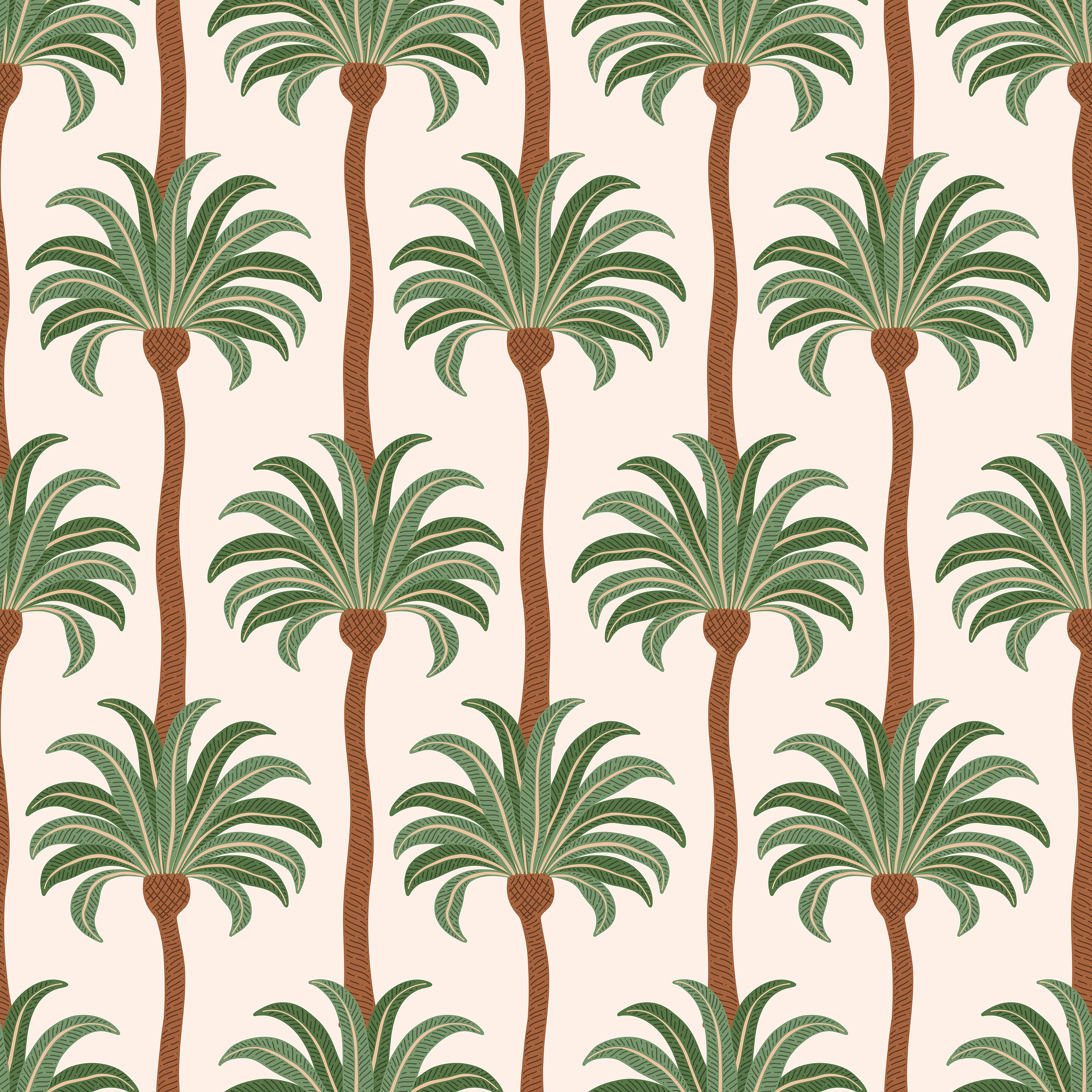 A seamless pattern of Tropical Palm Dreams wallpaper showcasing tall, elegant palm trees with detailed green fronds and textured brown trunks on a soft beige background