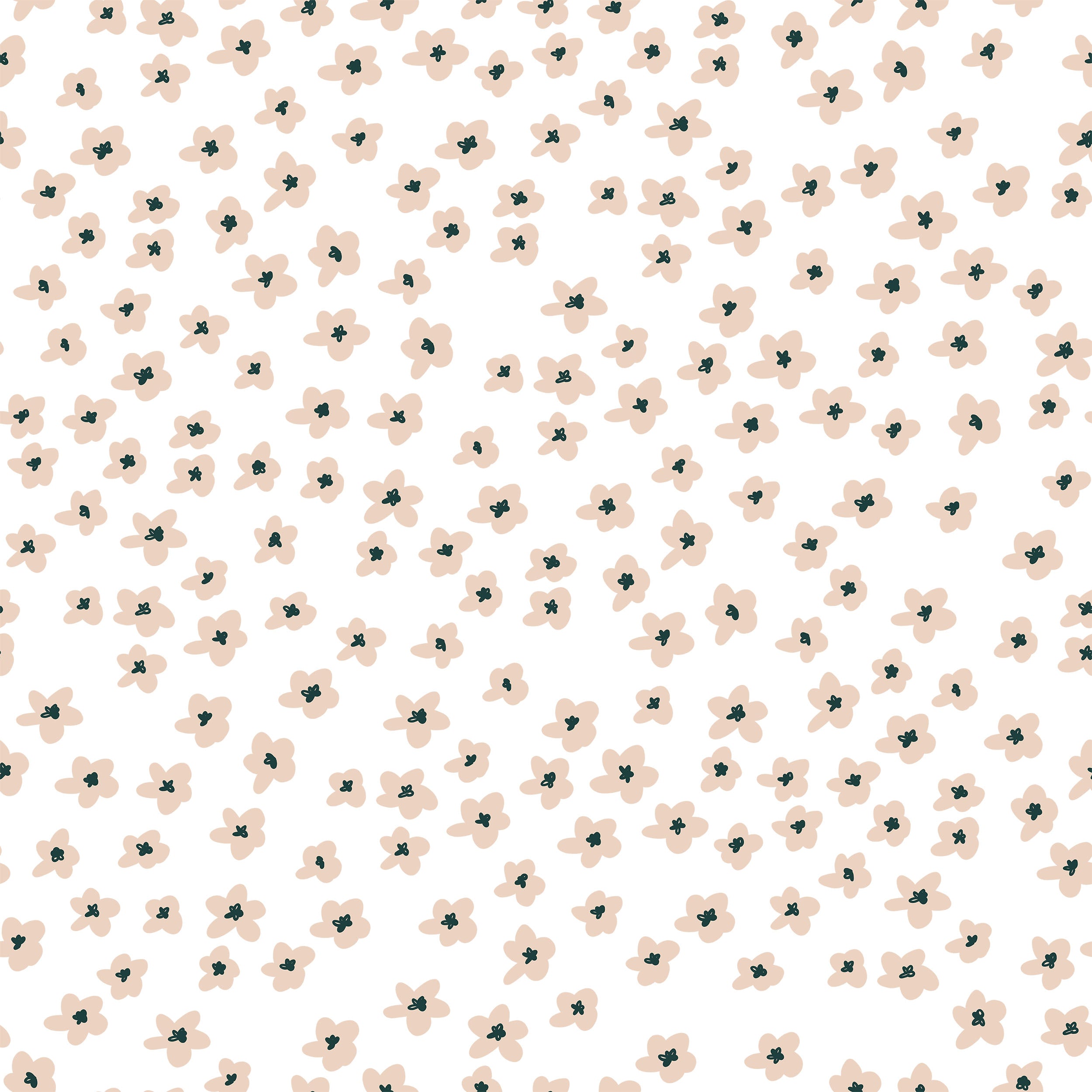Close-up of the Simple Meadow Wallpaper, showcasing a repeated pattern of small flowers with black centers and peach petals on a white background, giving a fresh and delicate look.