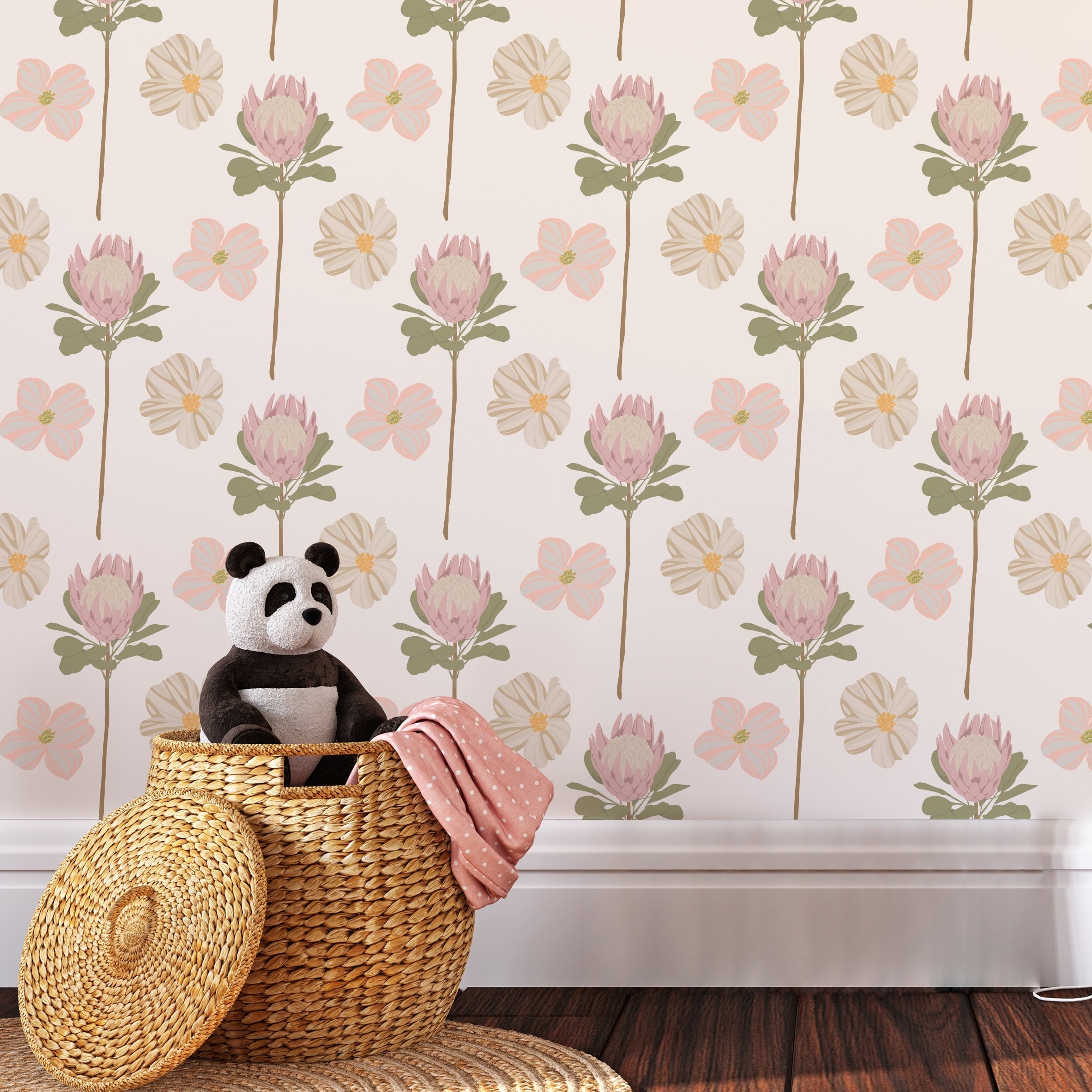 A whimsical scene in a nursery featuring 'Retro Pastel Flower Wallpaper' adorned with tall, stylized pink clover blooms and soft pastel flowers against a neutral backdrop, complemented by a playful panda plush in a woven basket.