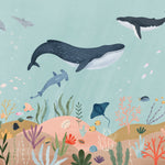 Close-up of Deep Sea Wallpaper Mural showing detailed aquatic life such as a humpback whale, fish, and vibrant coral reef on a tranquil sea blue background