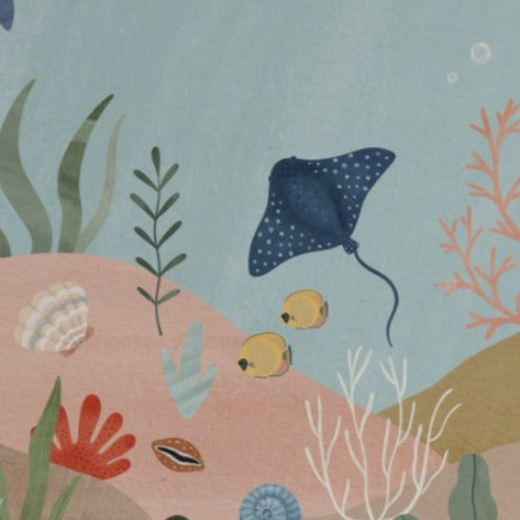 Close-up of Deep Sea Wallpaper Mural showing detailed aquatic life such as a humpback whale, fish, and vibrant coral reef on a tranquil sea blue background