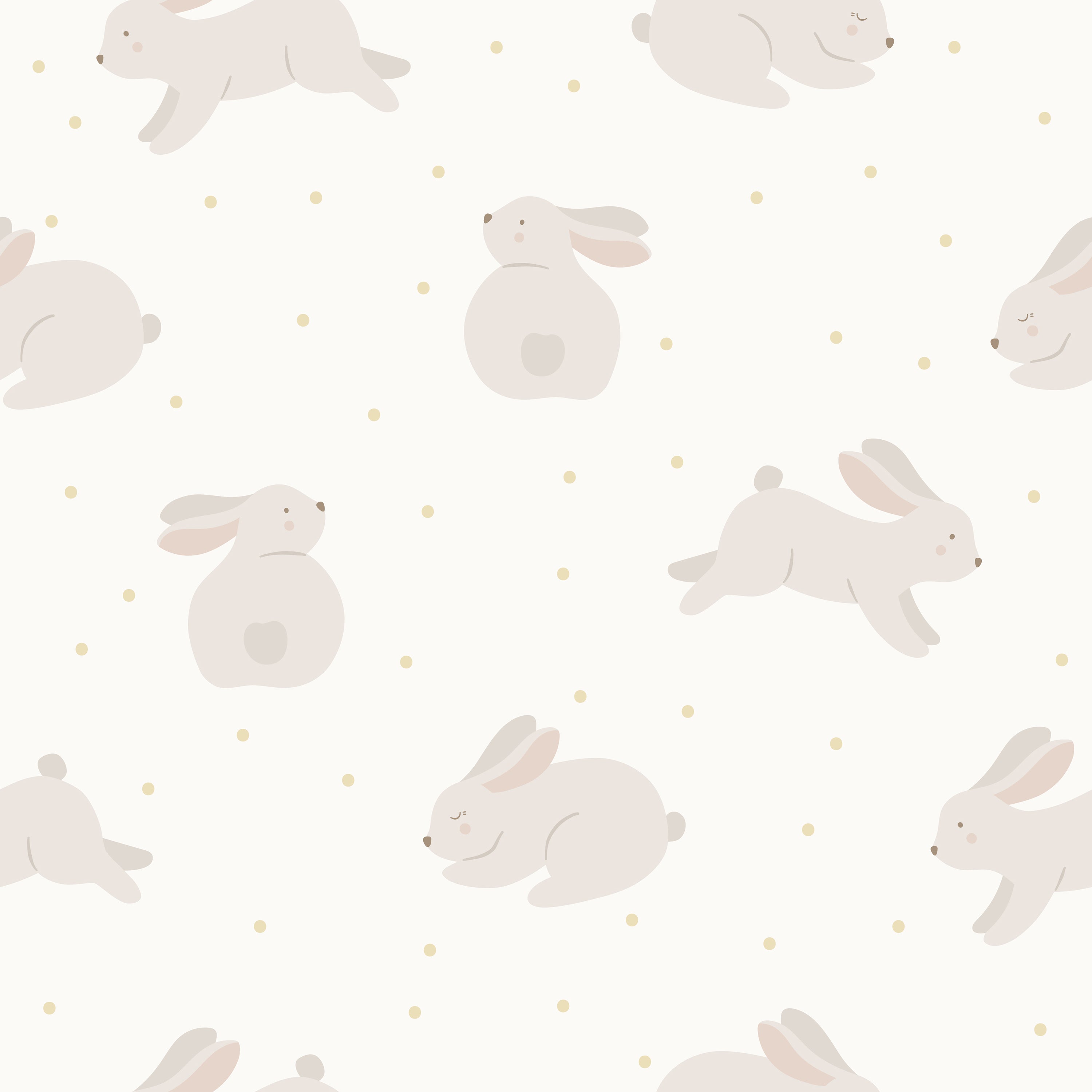 Soft and serene 'Nursery Bunny Wallpaper' featuring gentle illustrations of beige bunnies in various poses with golden dots on a light background, creating a calming atmosphere perfect for a baby's nursery.