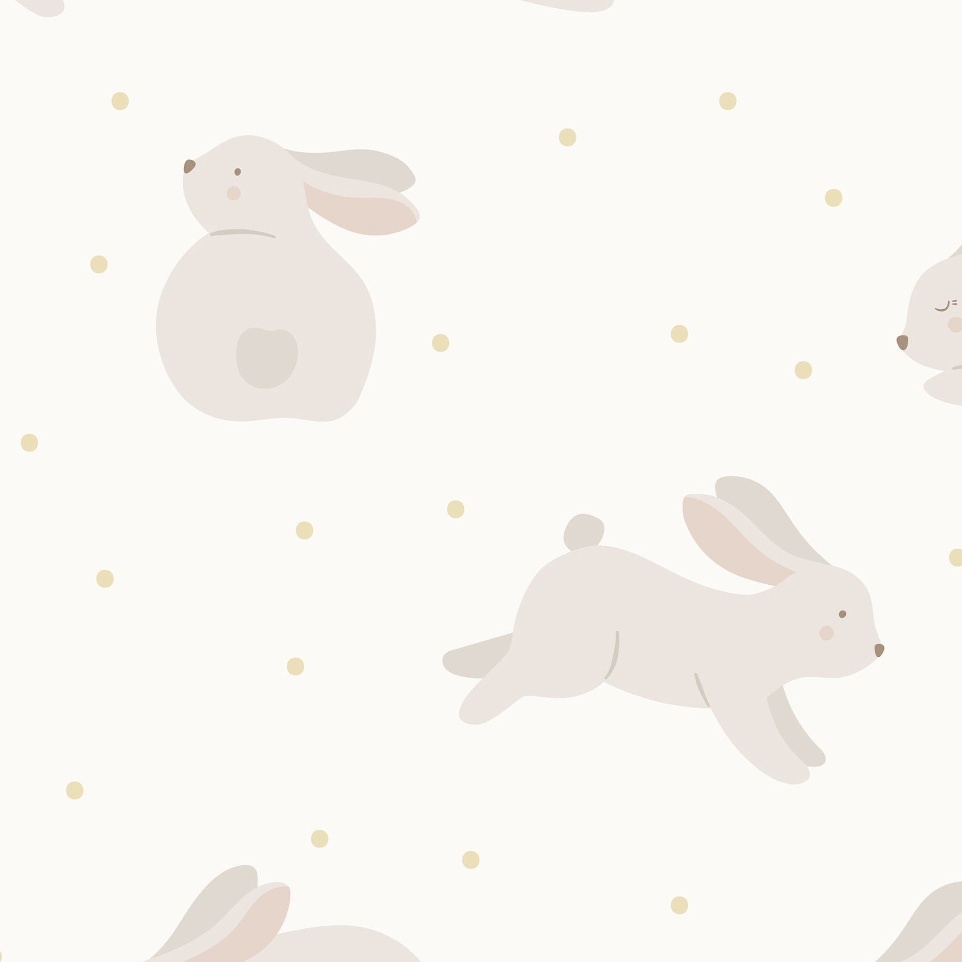 Soft and serene 'Nursery Bunny Wallpaper' featuring gentle illustrations of beige bunnies in various poses with golden dots on a light background, creating a calming atmosphere perfect for a baby's nursery.