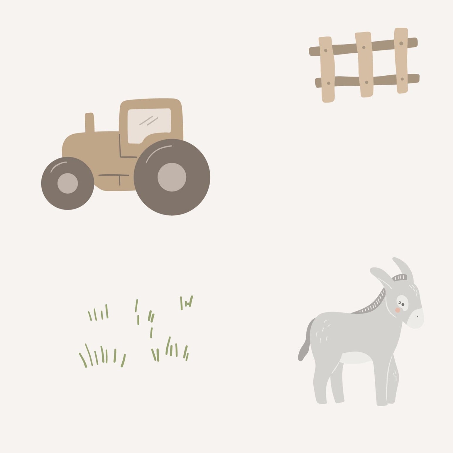 Seamless wallpaper pattern with charming illustrations of farm animals like horses and cows, along with barns, tractors, and windmills, all depicted in muted earth tones on a light background, perfect for a child's room or nursery.