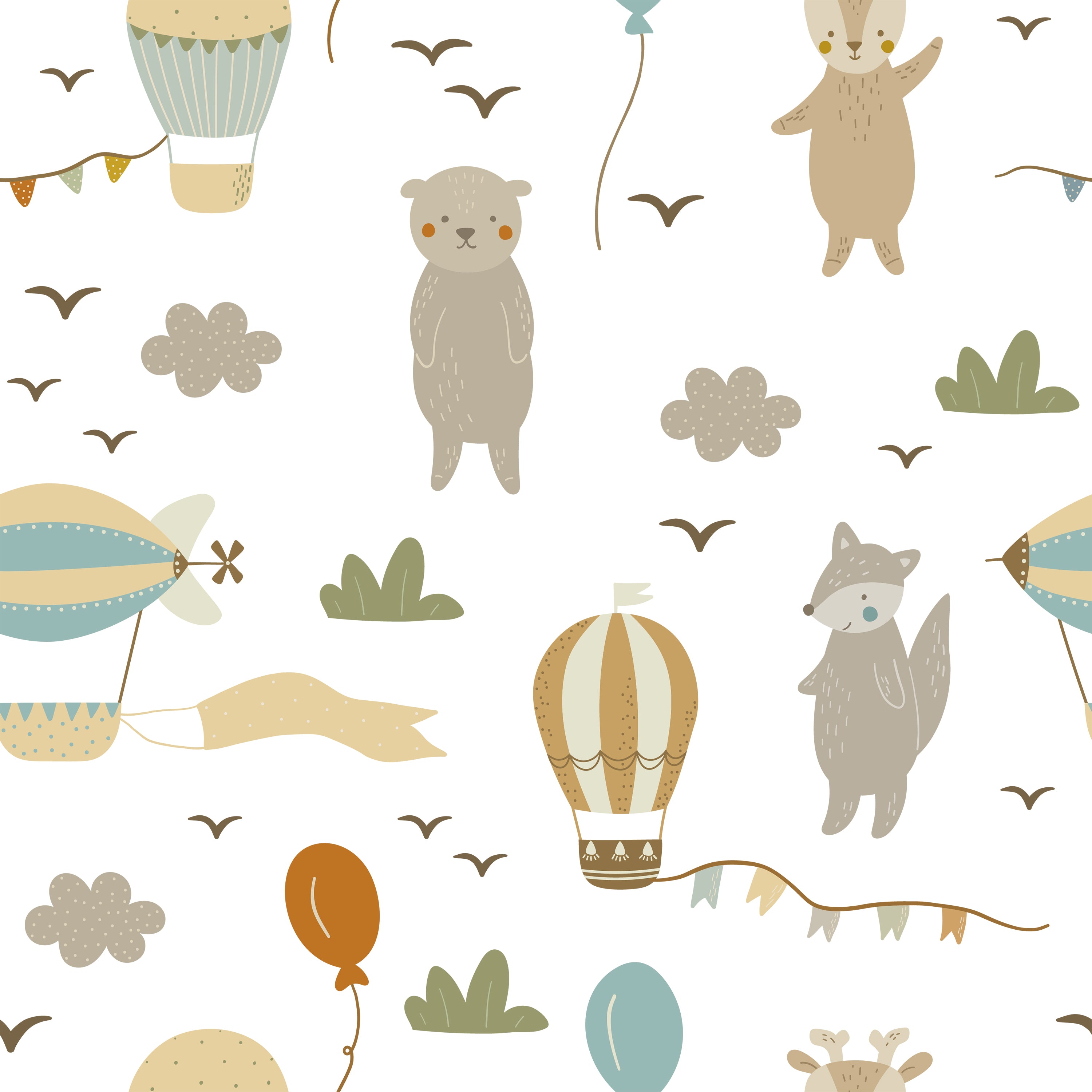 Detailed close-up of Hot Air Balloon Wallpaper, featuring whimsical hot air balloons, adorable animals like bears and foxes, and playful elements like balloons and clouds on a light, neutral background, creating a dreamy and adventurous scene.