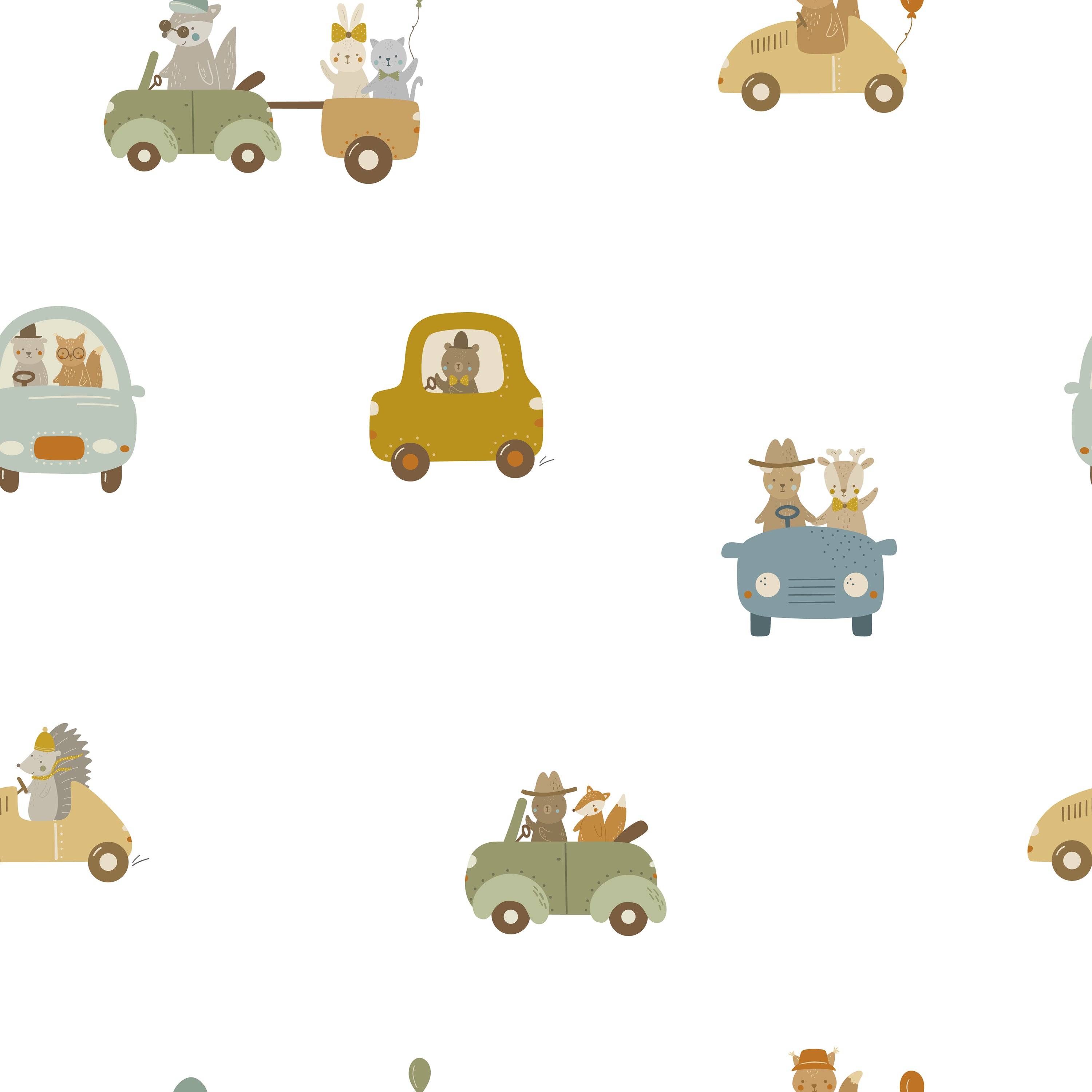 Close-up view of the Road Trip Wallpaper featuring whimsical illustrations of various animals in vehicles, including a lion in a yellow car, a fox and rabbit in a green convertible, and a hedgehog driving a classic blue car, all set on a light background with playful road and cloud motifs.