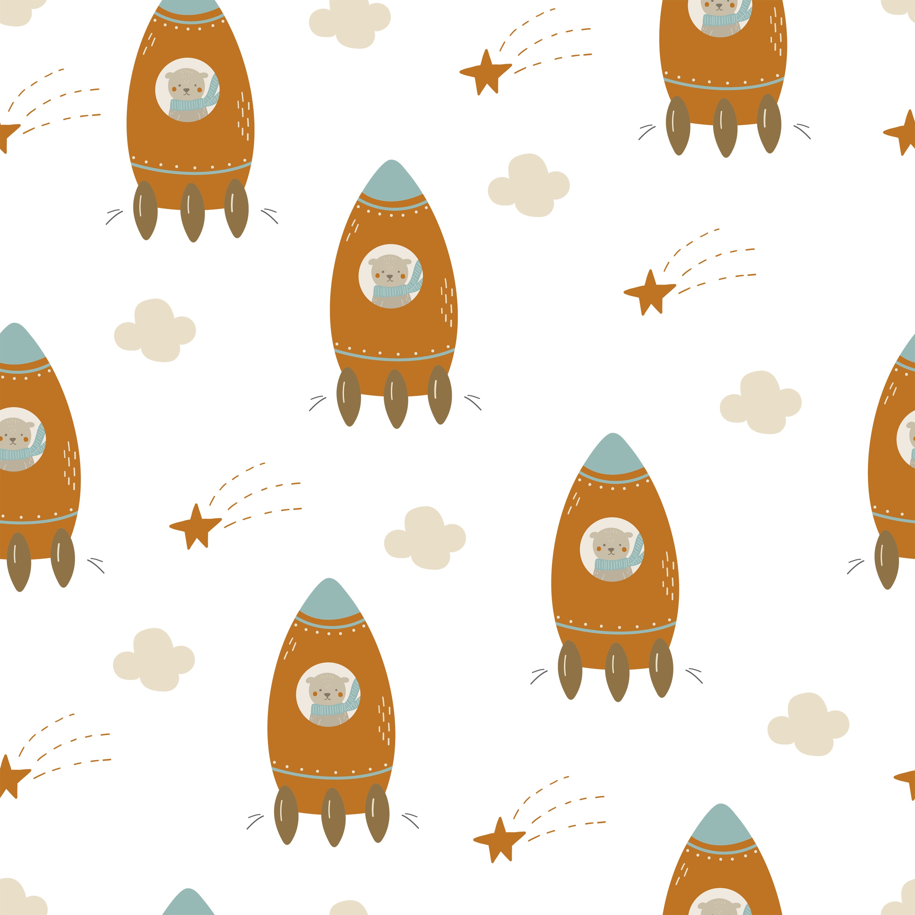 Detailed close-up of the Rocket Time Wallpaper featuring an adorable teddy bear astronaut inside an orange rocket, with a soft blue nose cone and small details like rivets and stripes, set against a white backdrop with clouds and star motifs