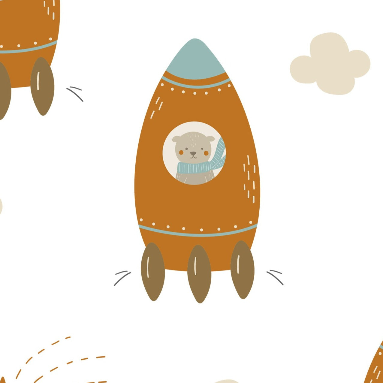 Detailed close-up of the Rocket Time Wallpaper featuring an adorable teddy bear astronaut inside an orange rocket, with a soft blue nose cone and small details like rivets and stripes, set against a white backdrop with clouds and star motifs