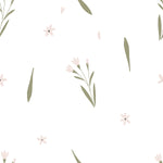 Close-up view of Summer Market Wallpaper displaying a delicate pattern of small pink flowers and green foliage scattered across a soft white background, evoking a gentle and airy feel.