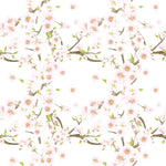Close-up of Sakura Wallpaper featuring delicate pink cherry blossoms with green leaves on a white background, capturing the essence of spring.