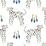 Delightful 'Dog Wallpaper 33' featuring whimsical illustrations of Dalmatians with blue and yellow flowers on their backs, set against a crisp white background, adding a playful and charming touch to any room.