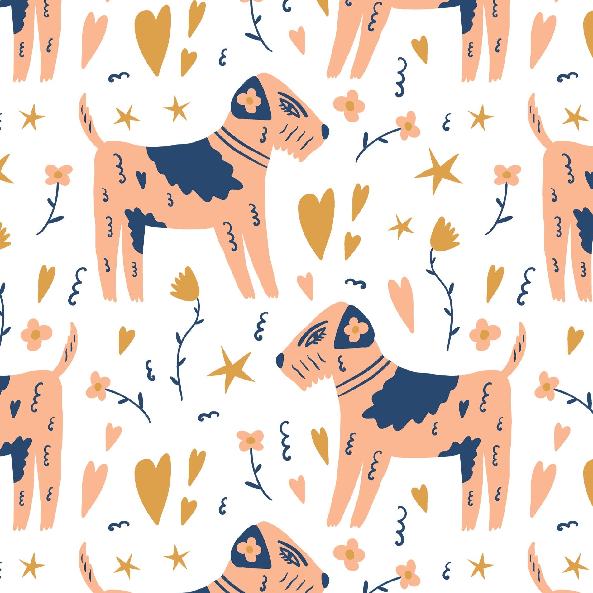 Artistic and playful wallpaper pattern from 'Dog Wallpaper 38' featuring peach-colored dogs surrounded by whimsical floral and celestial elements on a white background. The vibrant stars, hearts, and botanical motifs add a magical touch, perfect for any child's room or creative space.
