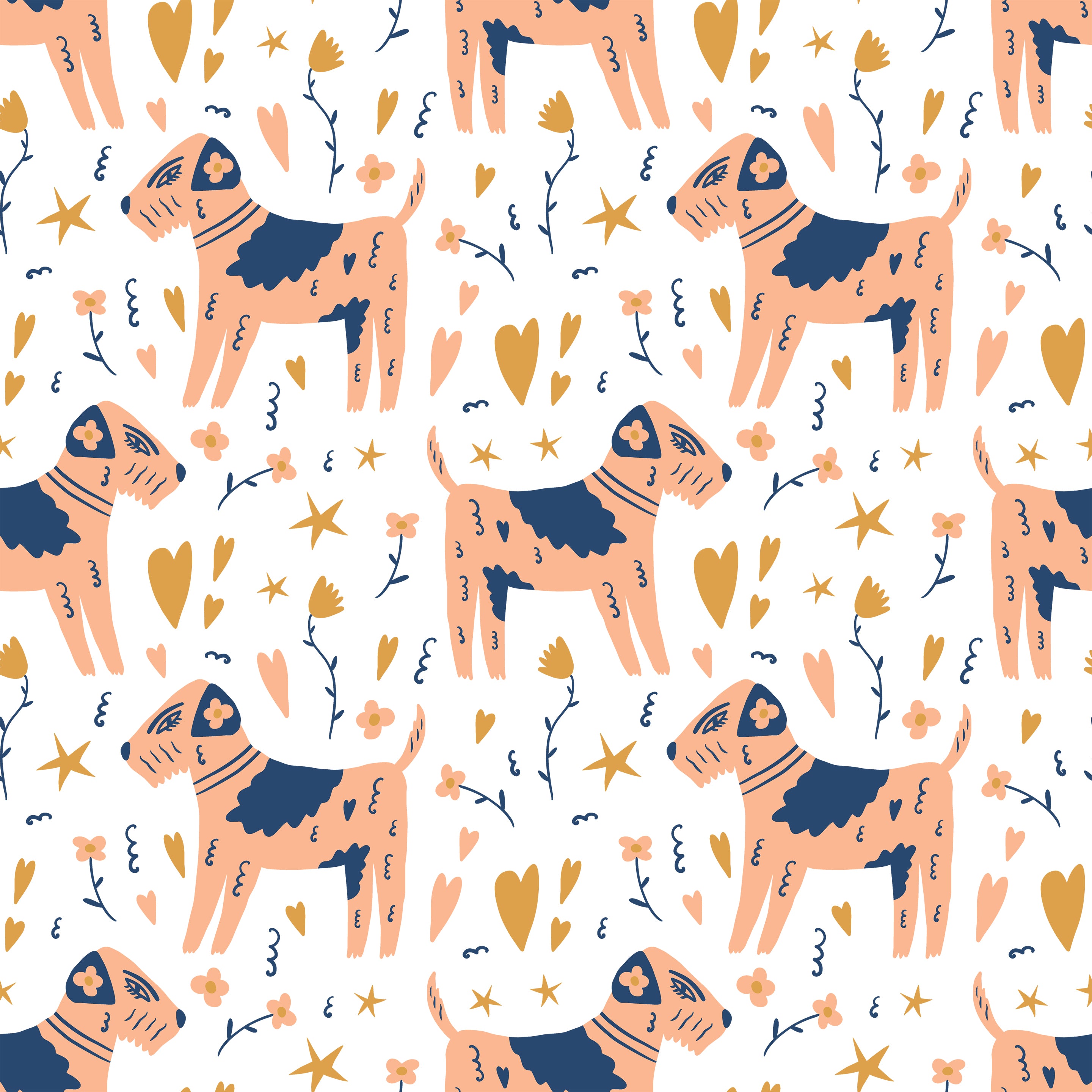 Artistic and playful wallpaper pattern from 'Dog Wallpaper 38' featuring peach-colored dogs surrounded by whimsical floral and celestial elements on a white background. The vibrant stars, hearts, and botanical motifs add a magical touch, perfect for any child's room or creative space.