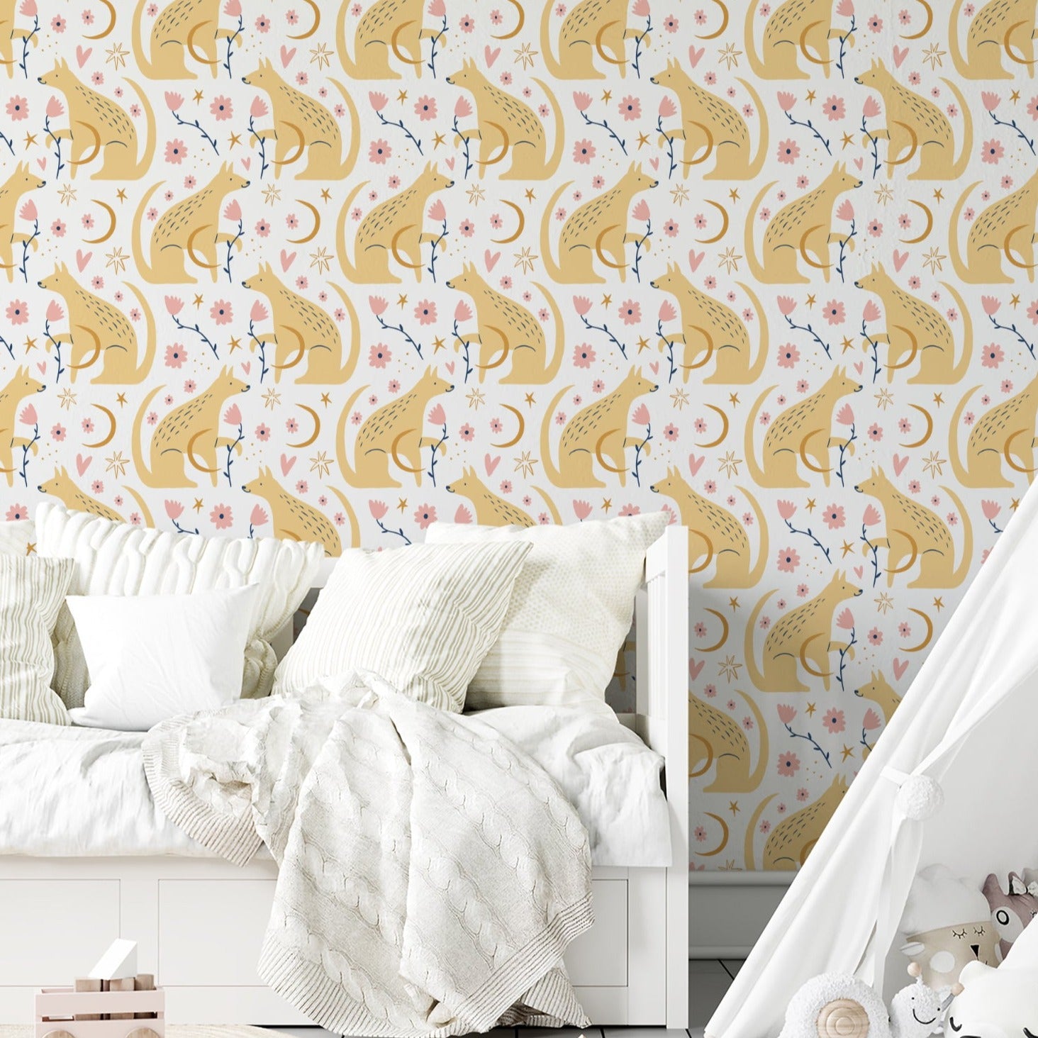 A charming children's room decorated with 'Dog Wallpaper 41,' displaying golden dogs, celestial motifs, and floral elements. The space is complemented by a white teepee, soft bedding, and playful toys, creating a dreamy and inviting atmosphere.