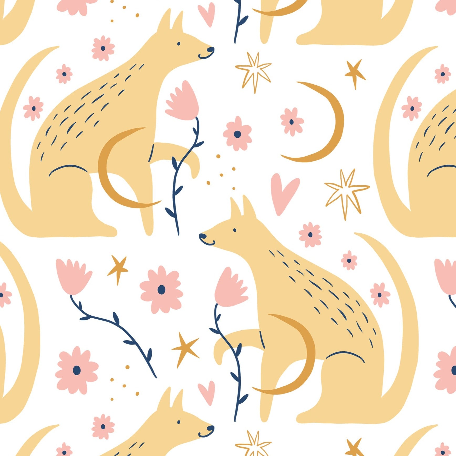 Enchanting wallpaper pattern from 'Dog Wallpaper 41' featuring golden dogs in serene poses surrounded by whimsical celestial motifs, pink flowers, and delicate branches on a light background. This design is perfect for adding a touch of magic and tranquility to any room, especially suitable for children's rooms or peaceful retreats
