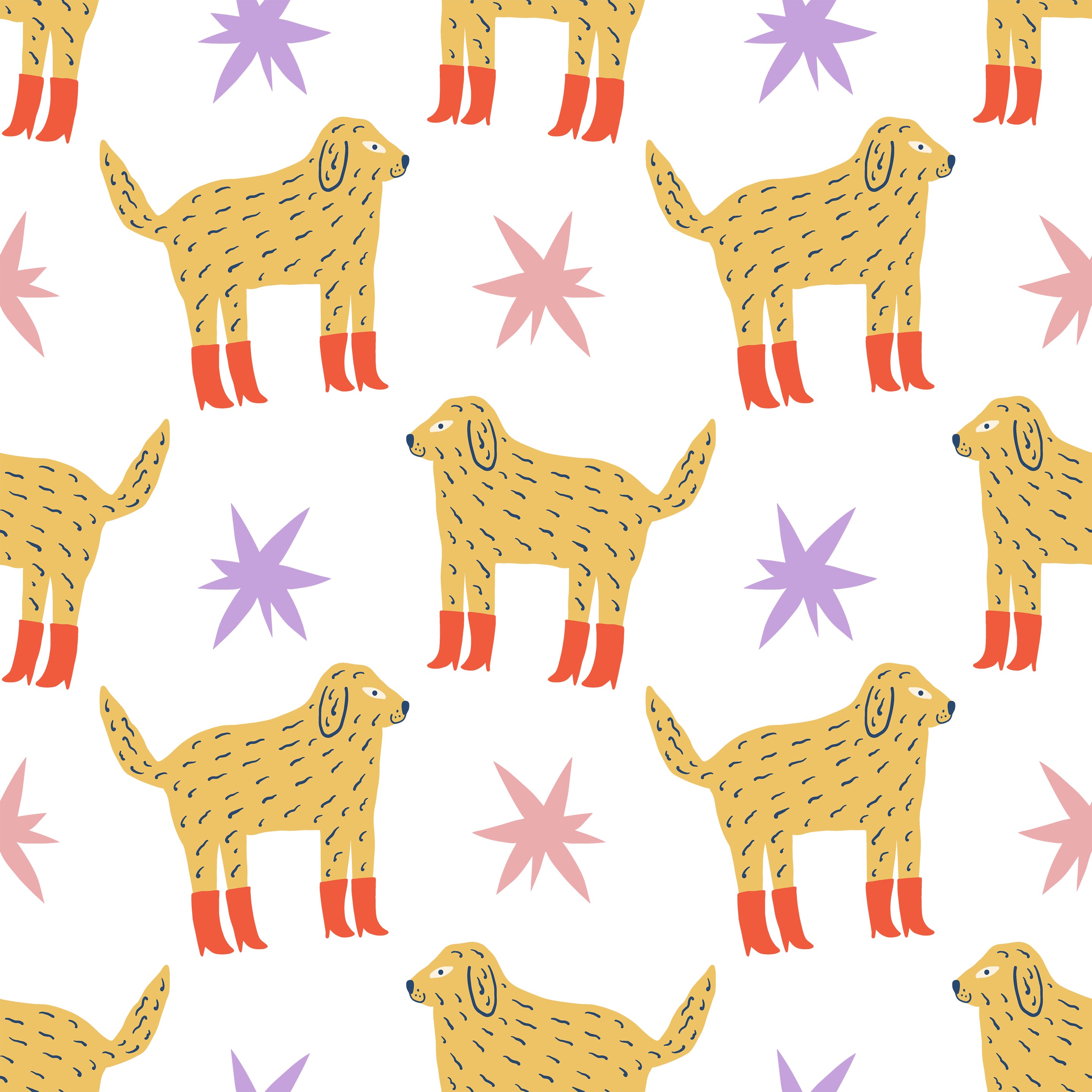 Cheerful and whimsical wallpaper pattern from 'Dog Wallpaper 43' featuring tan dogs with red boots and abstract purple and pink star motifs on a white background. This playful design is ideal for adding a vibrant and fun touch to children's rooms or casual living spaces
