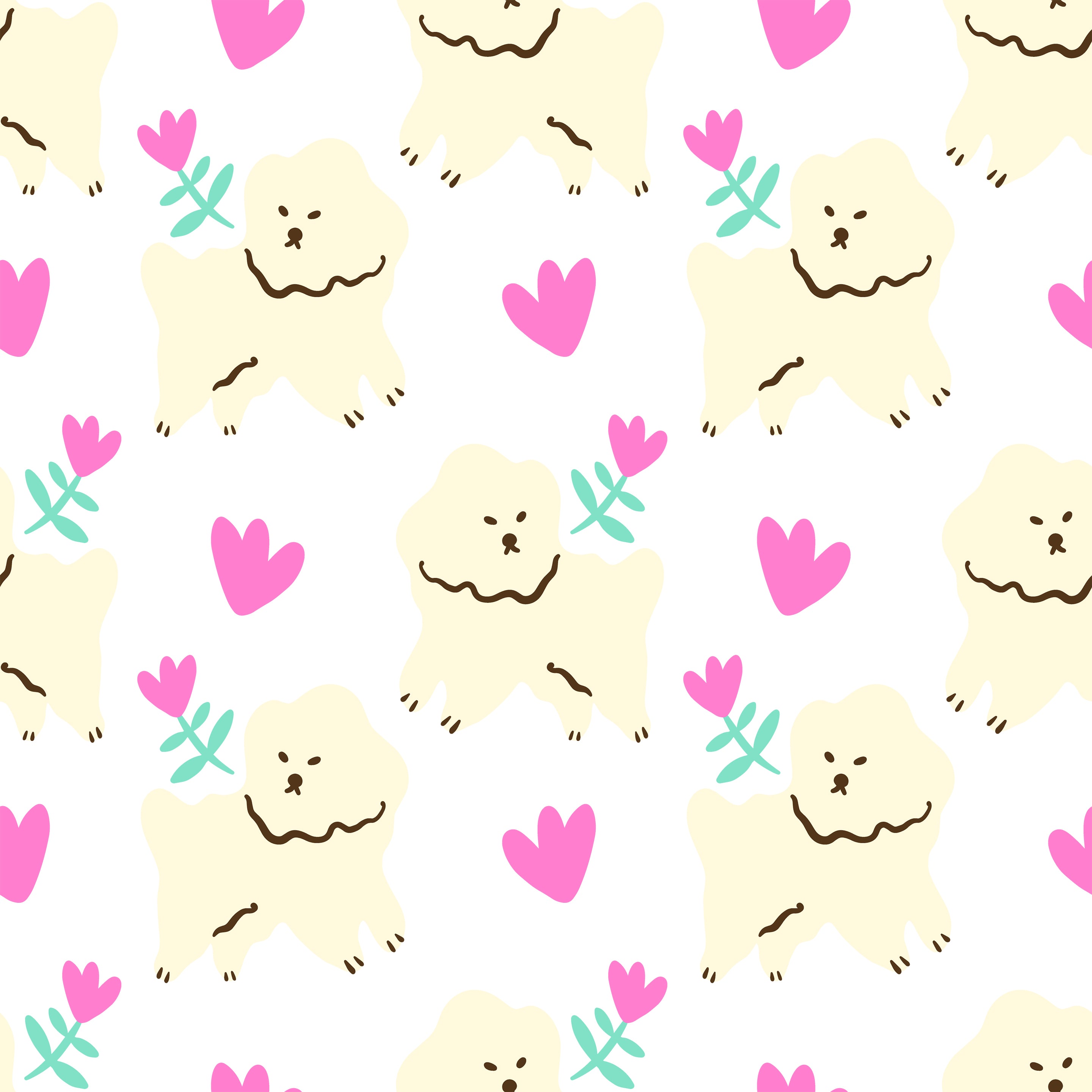 Adorable wallpaper pattern from 'Dog Wallpaper 39' featuring cream-colored fluffy dogs surrounded by pink hearts and teal flowers on a white background. This design is perfect for adding a warm and cheerful touch to any room, especially suitable for children's rooms or nurseries.