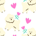 Adorable wallpaper pattern from 'Dog Wallpaper 39' featuring cream-colored fluffy dogs surrounded by pink hearts and teal flowers on a white background. This design is perfect for adding a warm and cheerful touch to any room, especially suitable for children's rooms or nurseries.